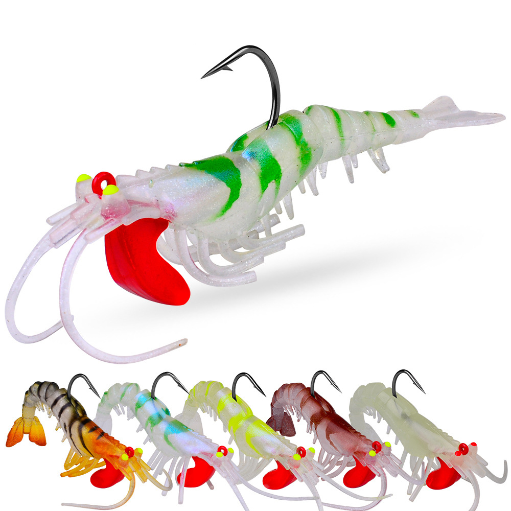 FREE FISHER 5pcs Fishing Soft Prawn with Luminous Eyes Shrimp Baits 6g/13g/19g Bionic Lures Jig Head Sinking Swimbait Jigging Hook Wobbler