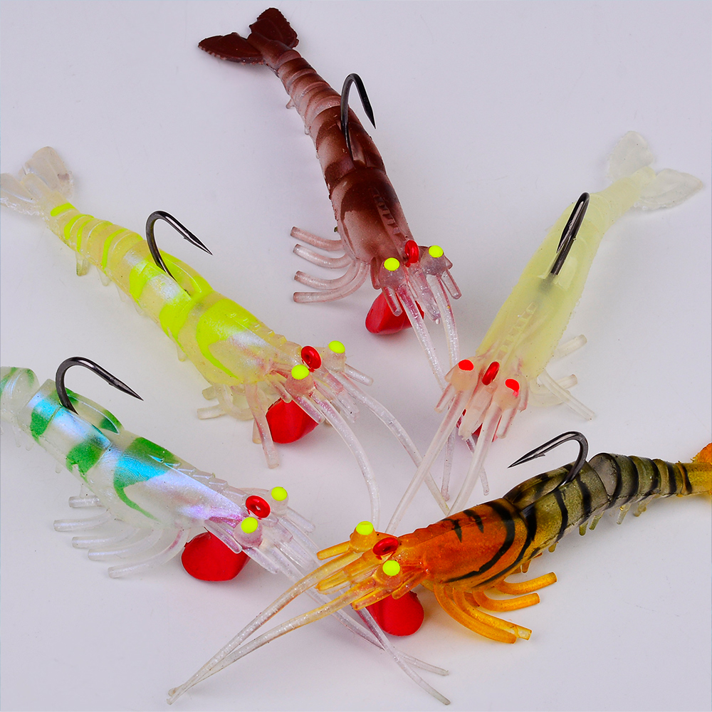 FREE FISHER 5pcs Fishing Soft Prawn with Luminous Eyes Shrimp Baits 6g/13g/19g Bionic Lures Jig Head Sinking Swimbait Jigging Hook Wobbler