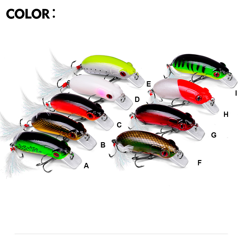 FREE FISHER 9pcs Fishing Crank Lure Mini Minnows 10g/62mm Fishing Hard Baits Floating Popper Artificial Bright Color with Feather Treble Hooks