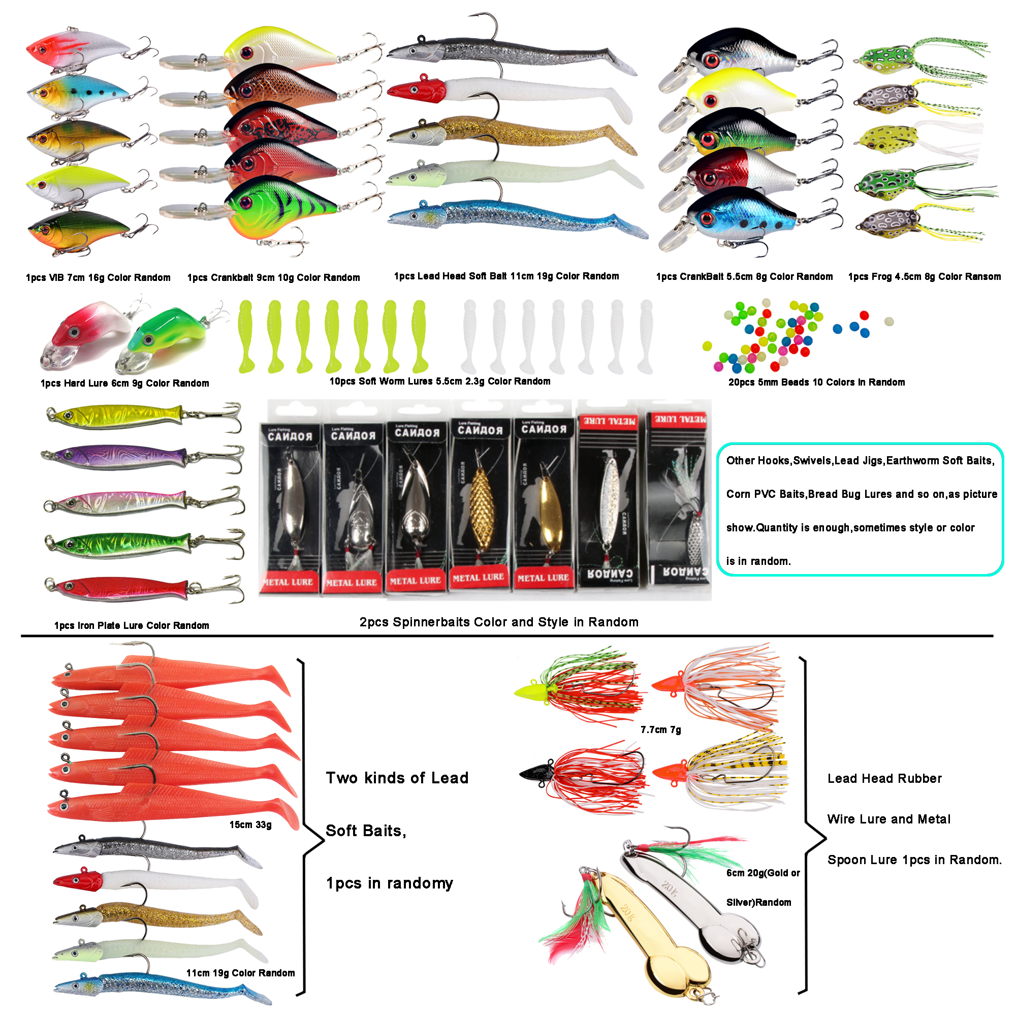 FREE FISHER 100pcs Fishing Lures Set Lead Head Soft Baits Minnow Crankbaits Spinner Fishhook Swivels Beads Frogs Fishing Jigs Swimbaits Kit