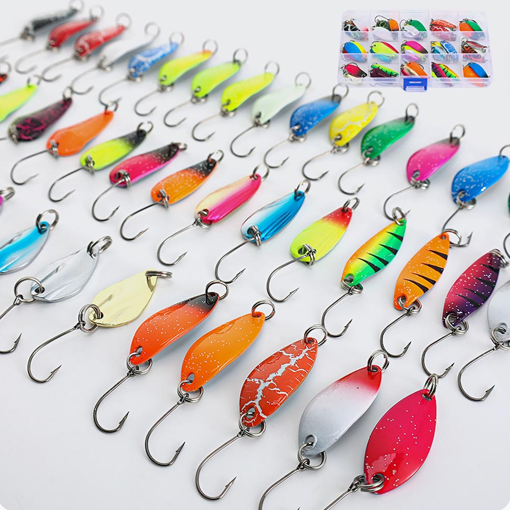 FREE FISHER Fishing Trout Bait Metal Spoon Lures Wobbler Casting Jigging Artificial Laser Spinner Baits Set Horsemouth Sequins with Fishing Tackle Box