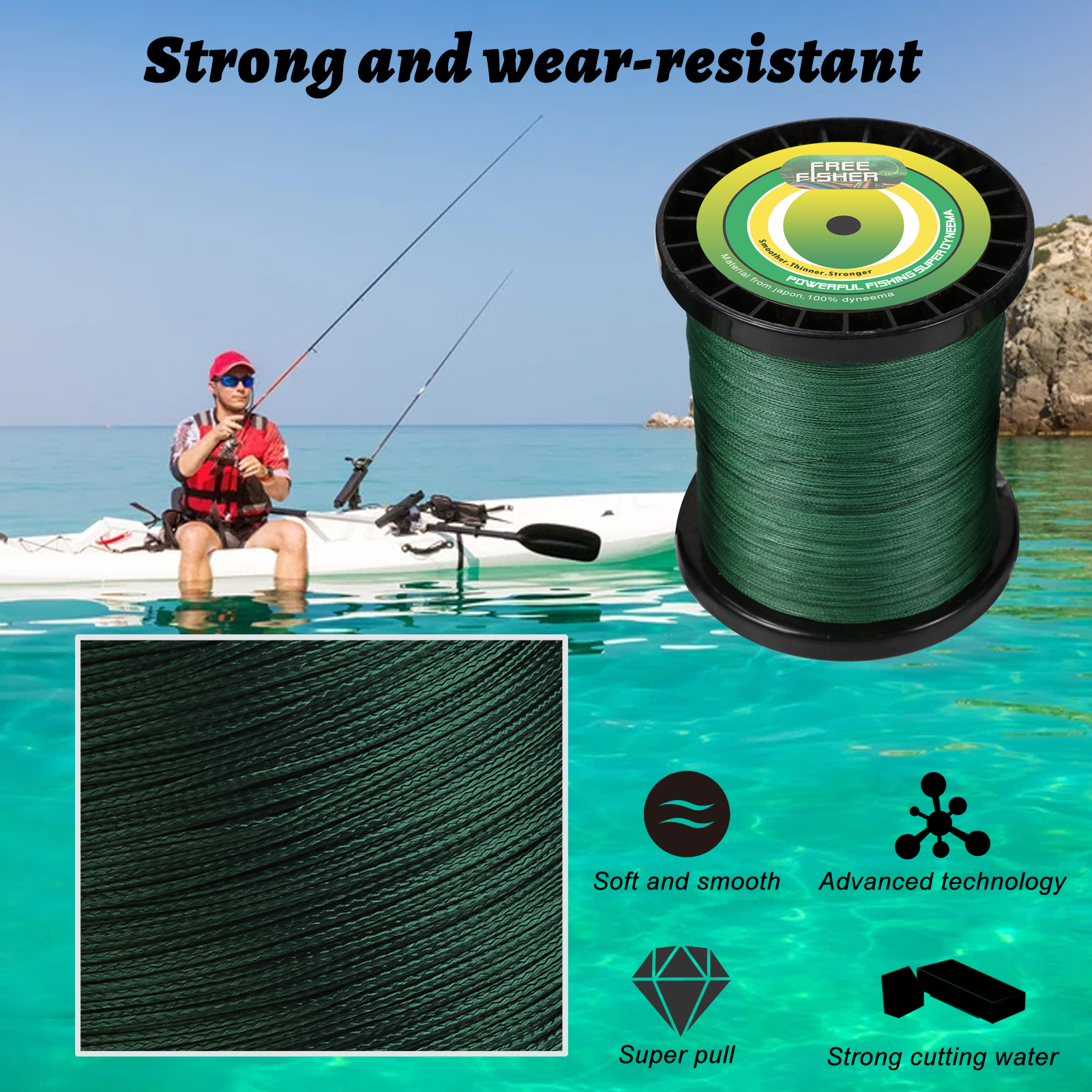 FREE FISHER Fishing Line 4 Strands 1500M Braided Line 20LB/30LB/40LB/50LB Super 100% PE Multifilament Braid Wire for Saltwater/Freshwater
