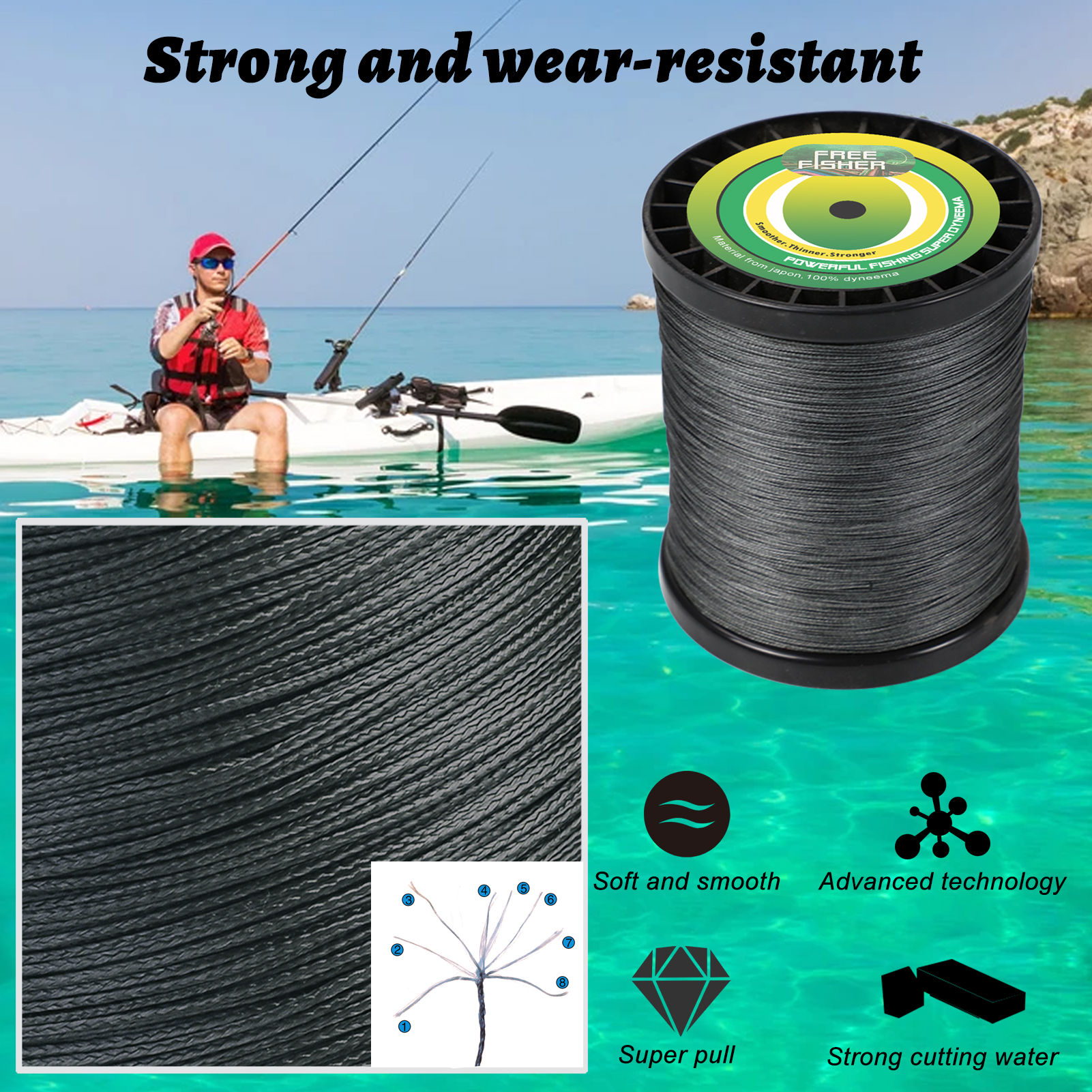 FREE FISHER 1000M PE Braided Fishing Line 8 Strands Multifilament Rope Wire 120LB 135LB 150LB Green Grey Multicolor for Sea Fishing