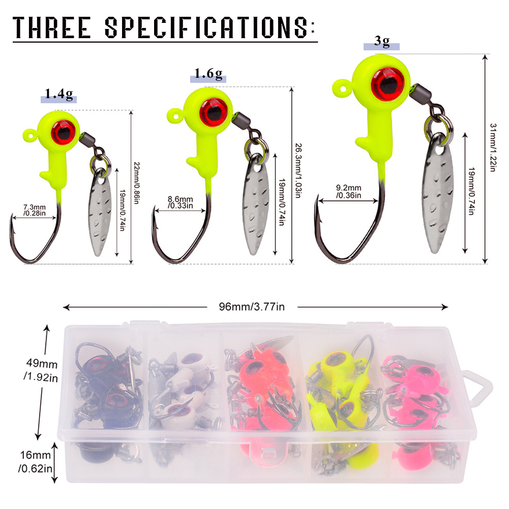 FREE FISHER 25pcs/Box Fishing Lead Head 3D Eyes Hooks Set 1.4g 1.6g 3g Spinnerbaits Hooks with Sequins Mixed Color Fishing Jigs Hard Lures