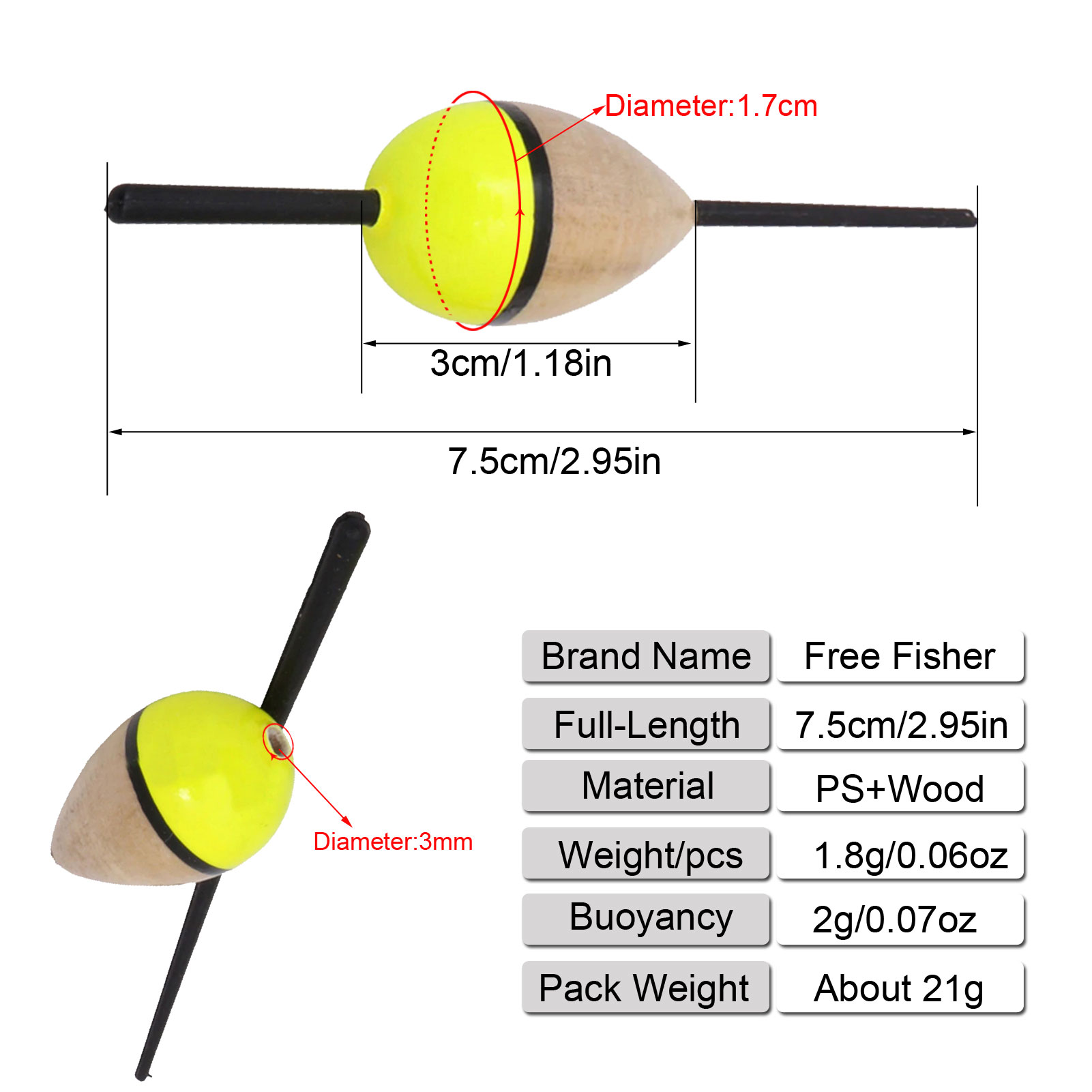 FREE FISHER Fishing Wood Floats Lightweight Bobbers Cork Vertical Buoy Set Long Tail Antenna Colored Stopper Copper Swivel for Bass/Carp