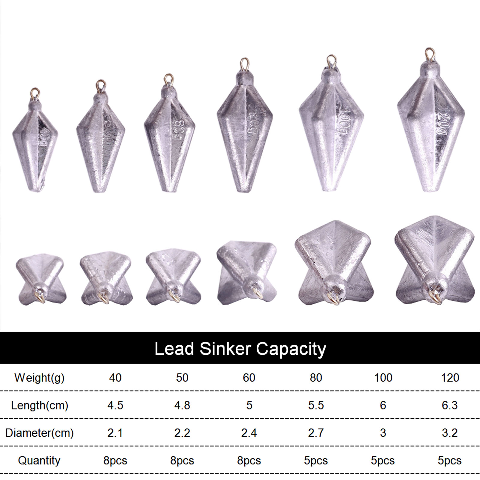 FREE FISHER Fishing Weights Set Diamond Big Heavy Quadrangle Lead Sinkers Flipping 40/50/60/80/100/120g Drop Shot for Sea Fishing