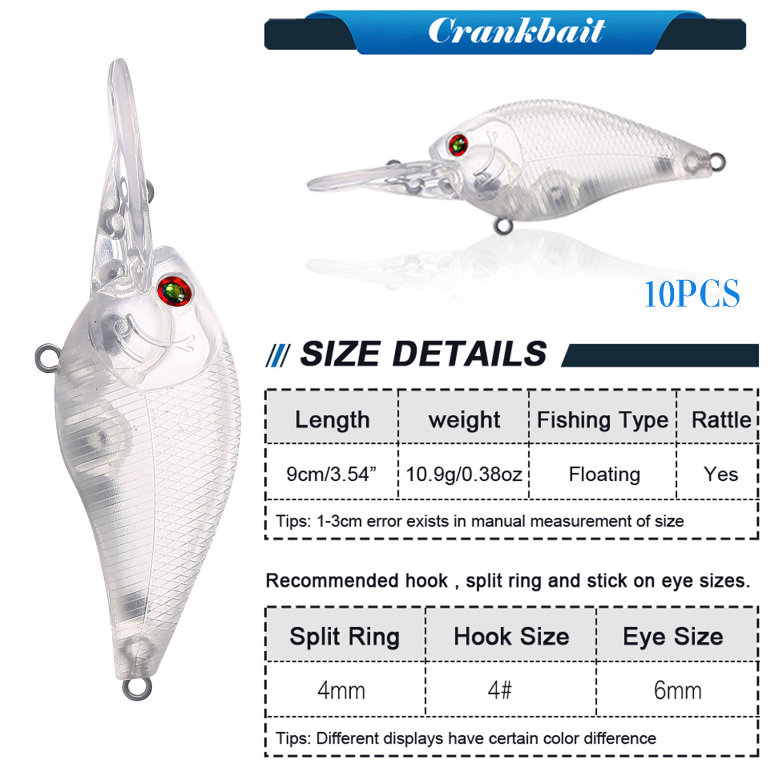 FREE FISHER Fishing Blank Lures Set 10pcs/Lot Unpainted Baits Minnows Crankbaits Pencil Lures Clear Naked Bait Embryo with Ring Eyes