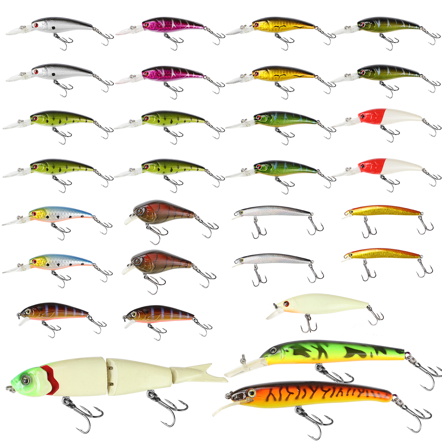 FREE FISHER 30pcs Mixed Fishing Hard Lures Set 6.5cm-17.5cm Colorful Topwater Minnows with Treble Hook for Bass Trout Walleye Redfish