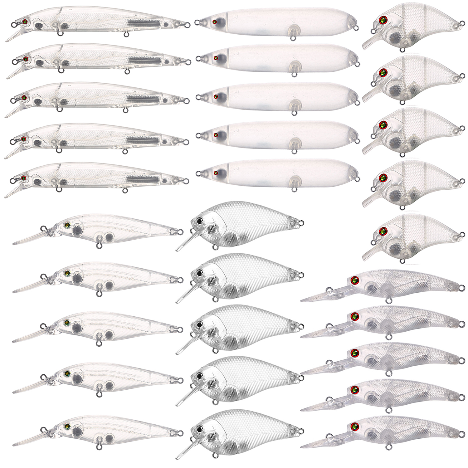 FREE FISHER 30pcs Mixed Unpainted Lures Fishing Blank Baits Set Crankbaits Minnows Pencil Blures VIB Clear Baits Naked Bait Embryo with 3D Eyes