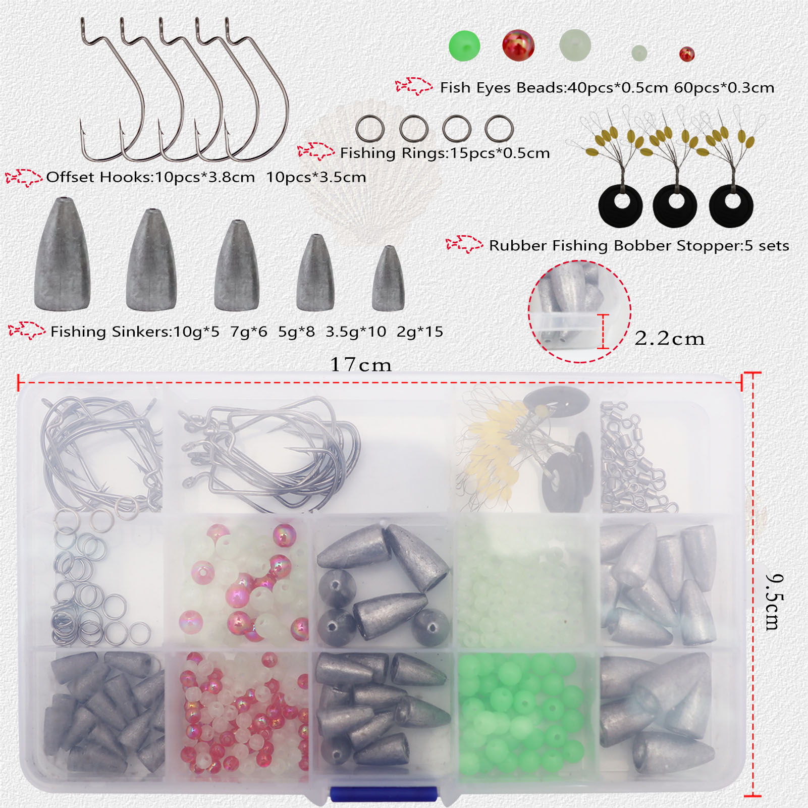FREE FISHER 185/145pcs Fishing Weights Set Bullet Lead Sinkers Rotating Swivels Crank Hooks Luminous Beads with Clear Box for Bass/Car