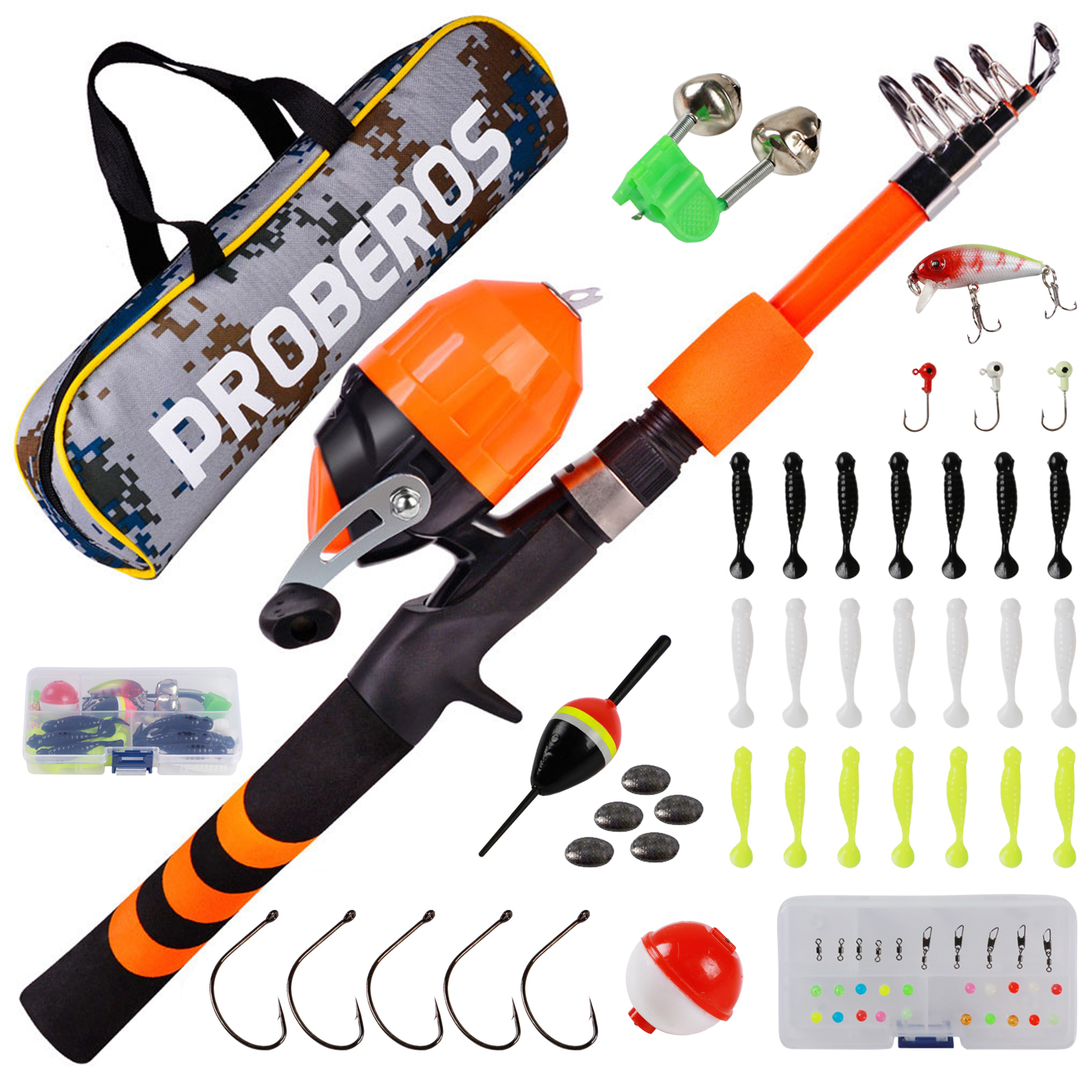 FREE FISHER Fishing Rod Combo Drum Reel Soft Lures Telescopic Fish Pole Hooks Floats Swivels Lead Sinkers Fishing Tackles Set Bag for Kids