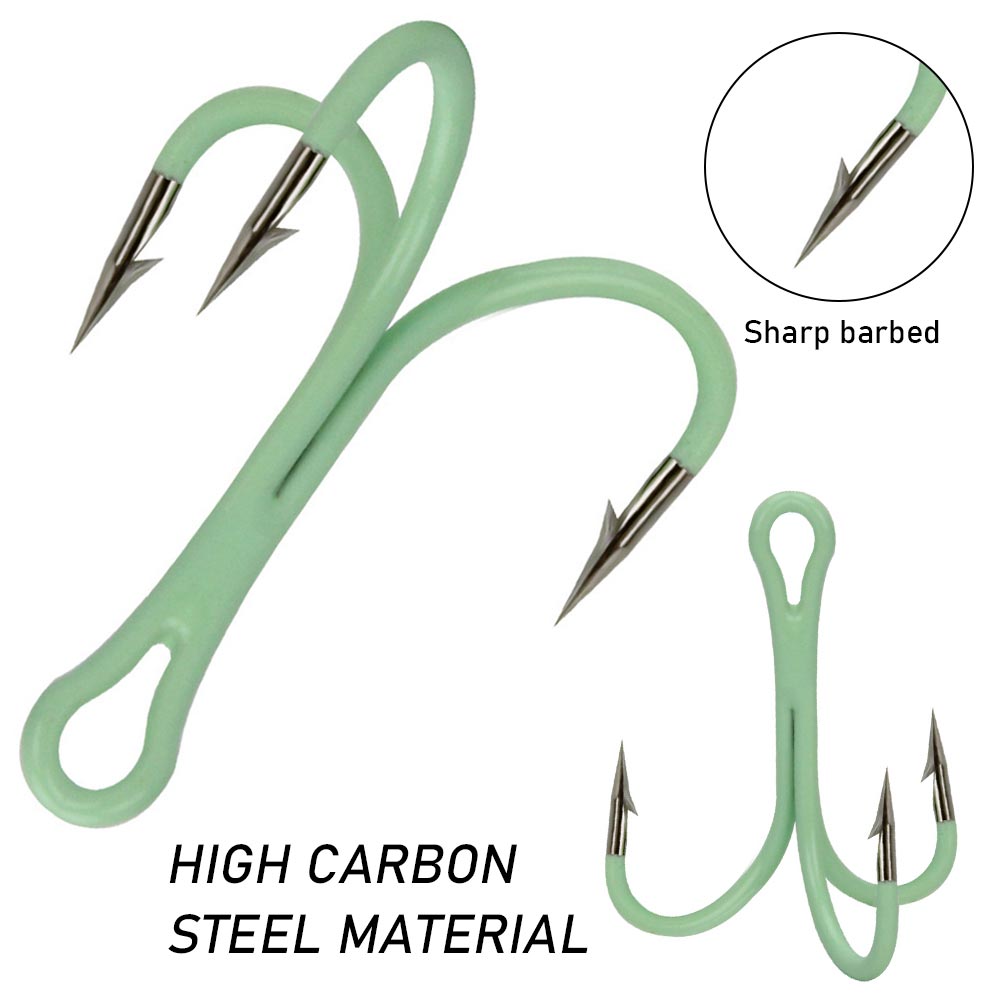 FREE FISHER 50pcs Fishing Hooks High Carbon Steel Luminous Treble Hooks Mixed Size with Plastic Box 2-10# Triple Fishhook for Sea Fishing