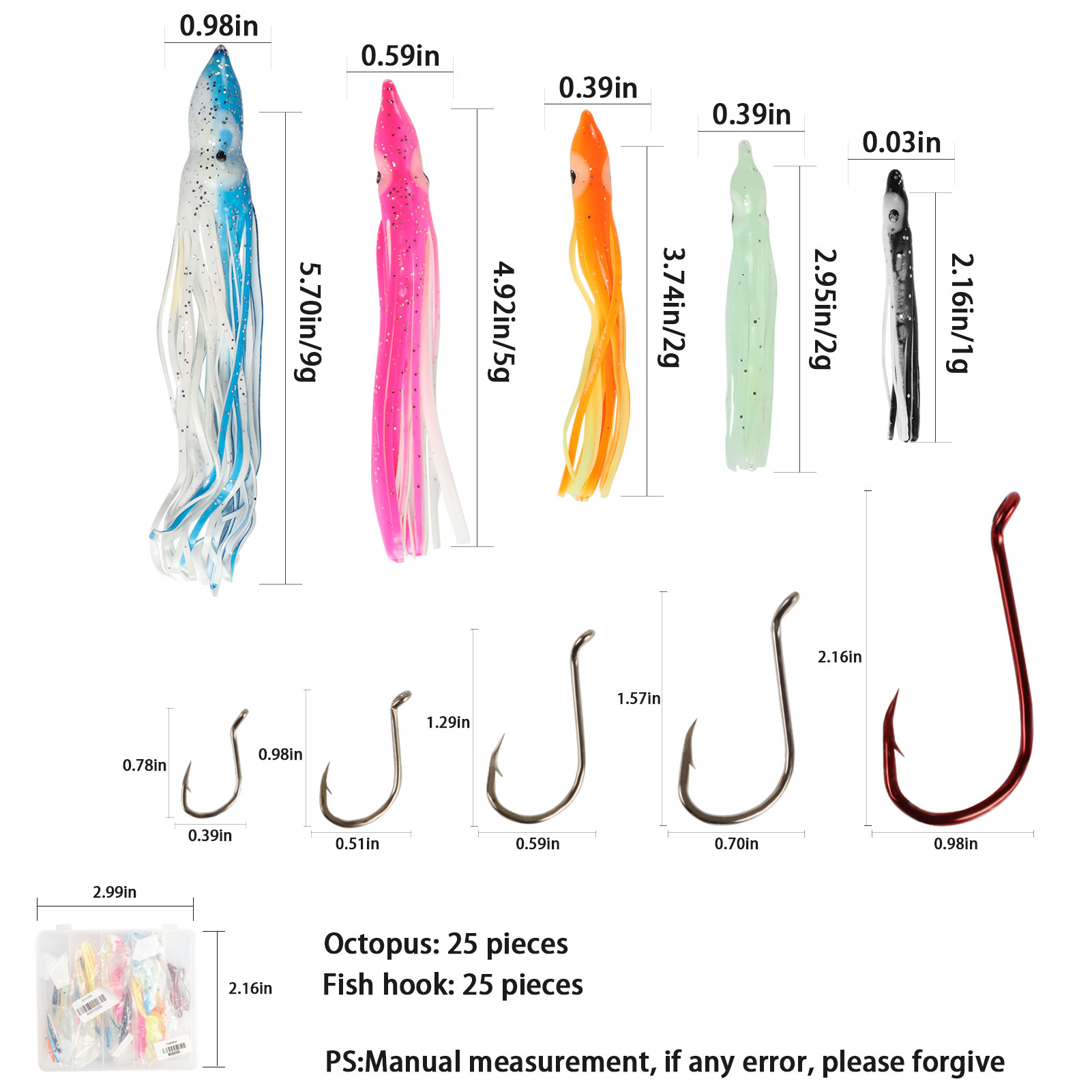 FREE FISHER 25 pcs/set Fishing Lures Soft Octopus Squid Lures 9cm 12cm 15cm with 20pcs Silver Octopus Hooks 8299 for Freshwater and Saltwater