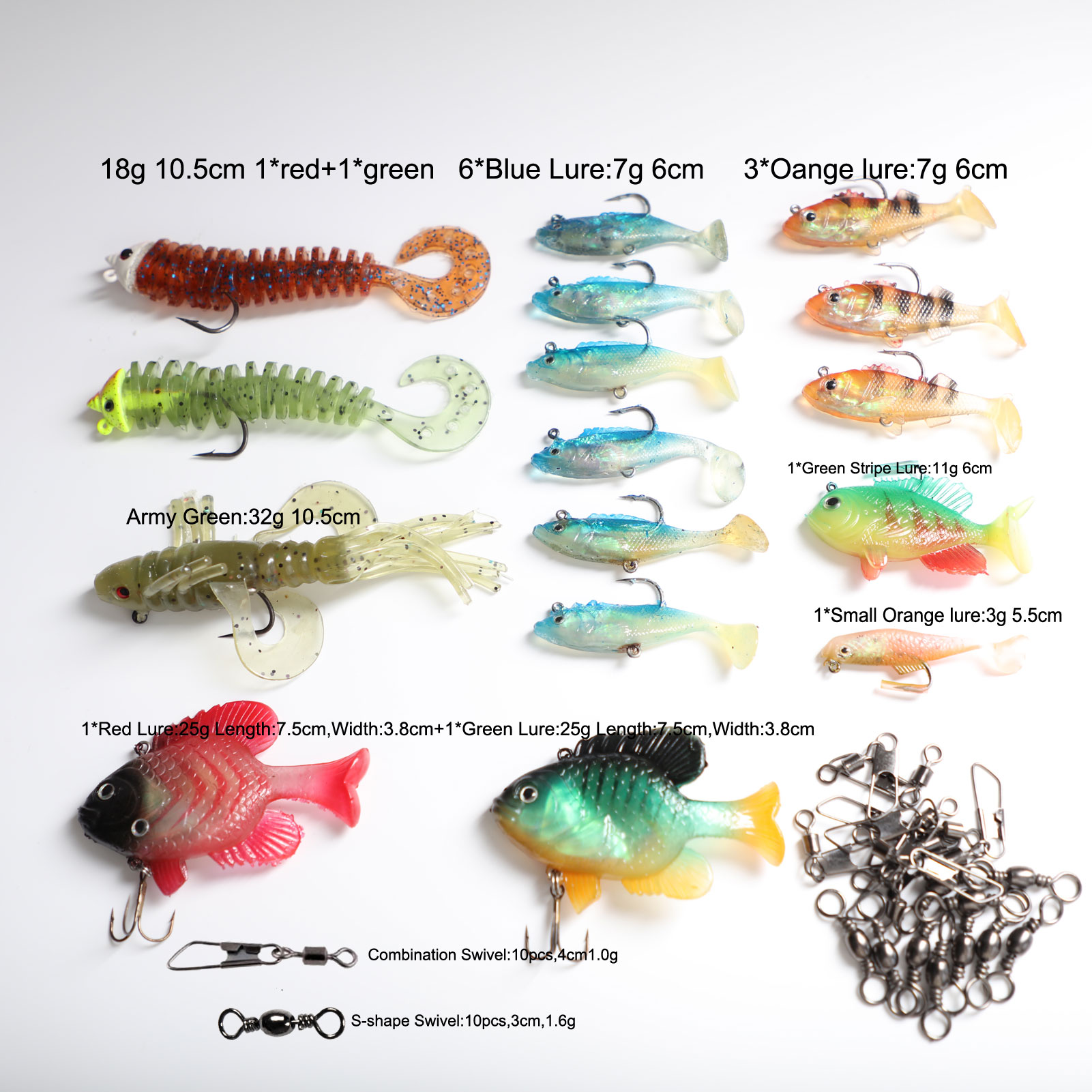 FREE FISHER Fishing Artificial Baits Set 36pcs with Clear Plastic Box Lead Fish Big Soft Wobbler Lures Stainless Steel Swivels for Carp Fishing