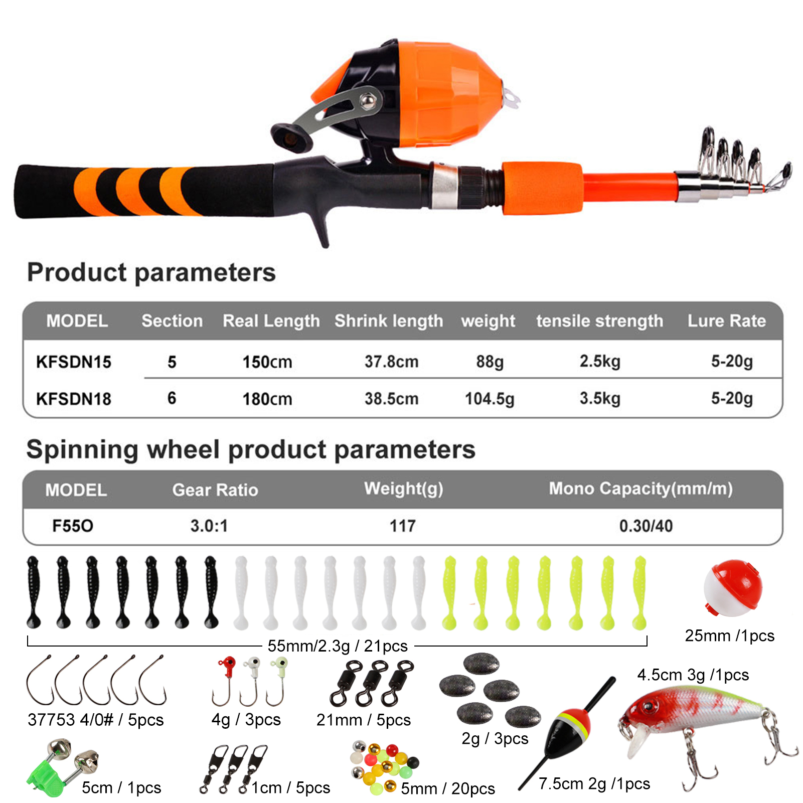 FREE FISHER Fishing Rod Combo Drum Reel Soft Lures Telescopic Fish Pole Hooks Floats Swivels Lead Sinkers Fishing Tackles Set Bag for Kids