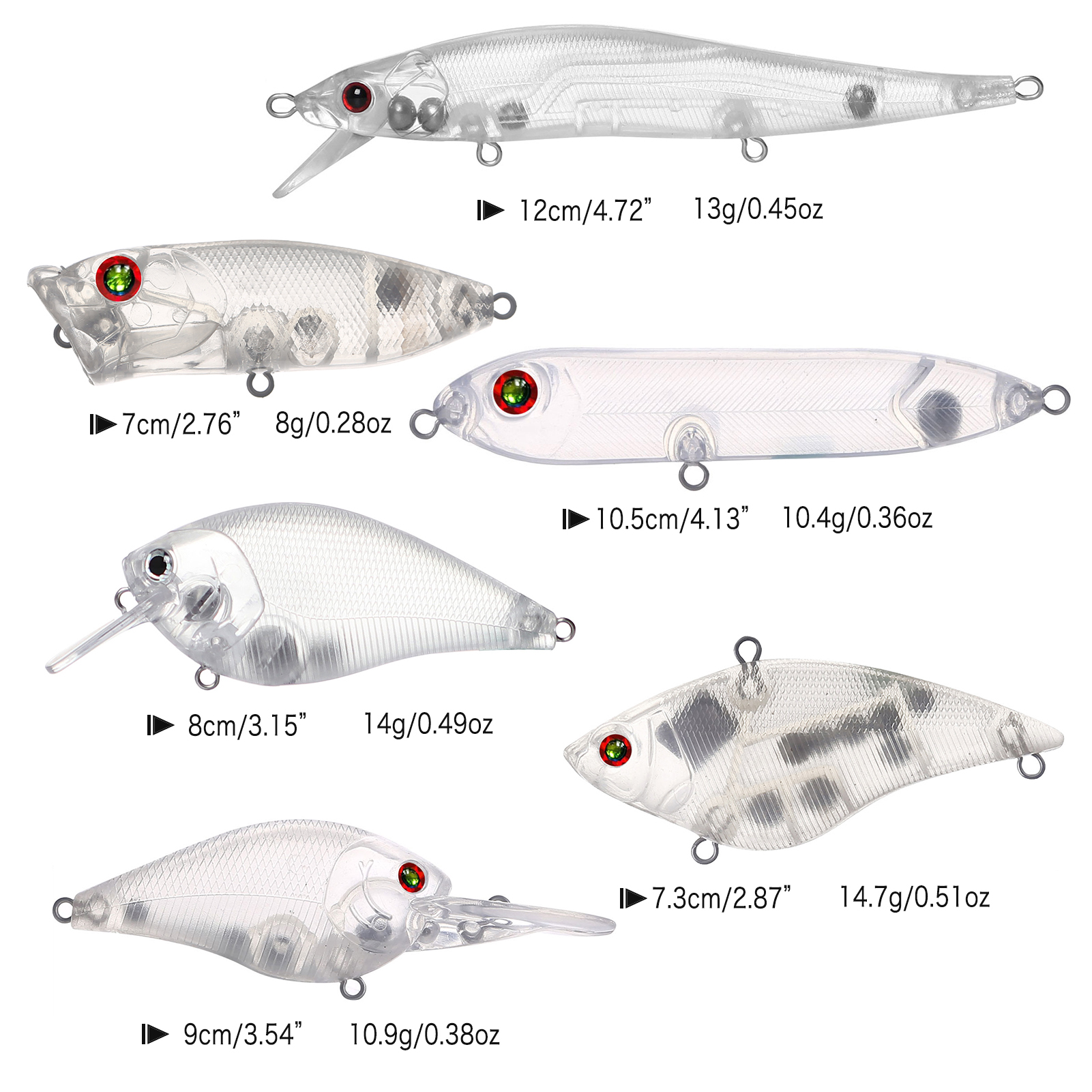 FREE FISHER 30pcs Mixed Unpainted Lures Fishing Blank Baits Set Crankbaits Minnows Pencil Blures VIB Clear Baits Naked Bait Embryo with 3D Eyes