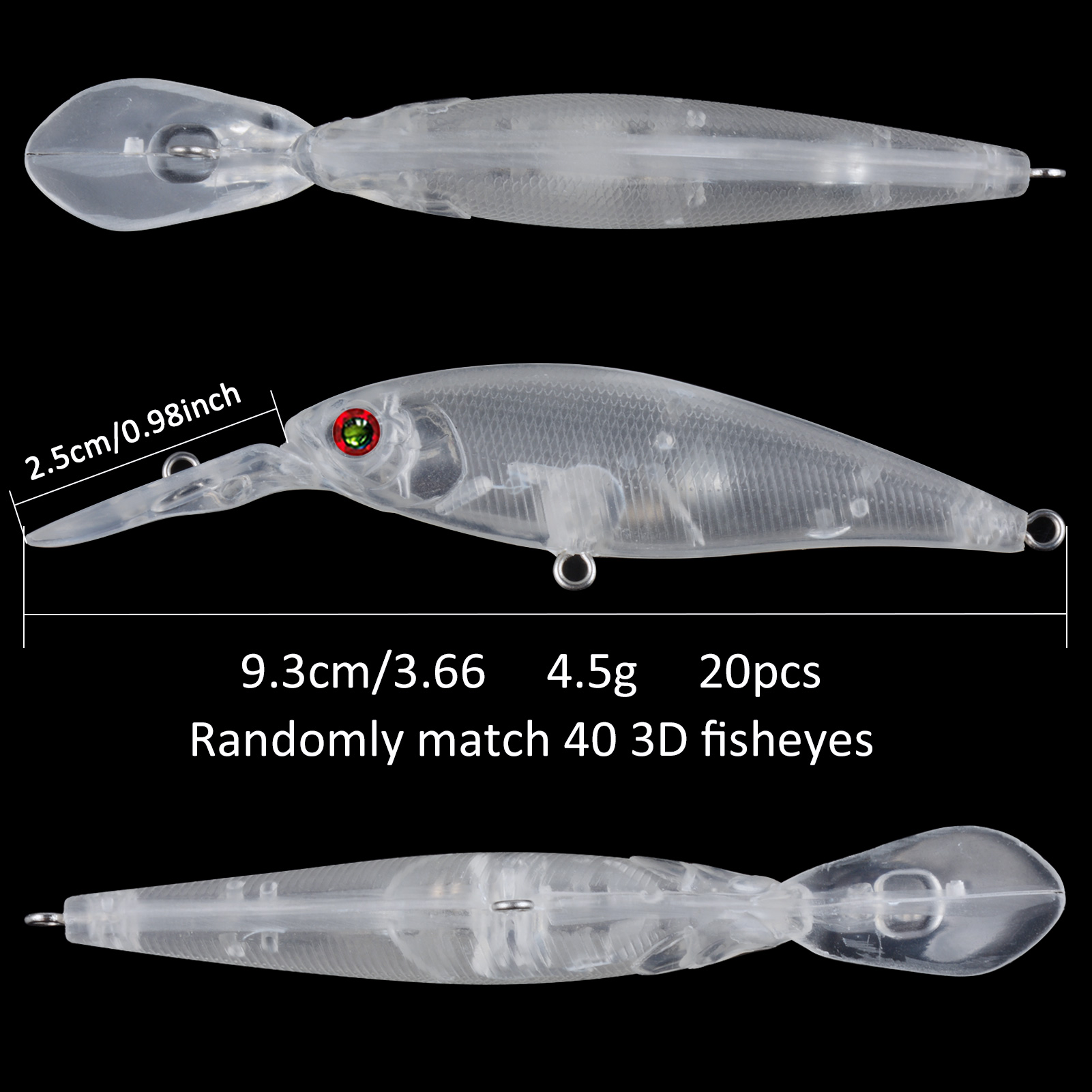 FREE FISHER 20pcs Fishing Unpainted Lures Transparent Blank Bait Embryo 9.3cm 4.5g DIY Minnows Rattles ABS Hard Artificial Baits with 3D Eyes