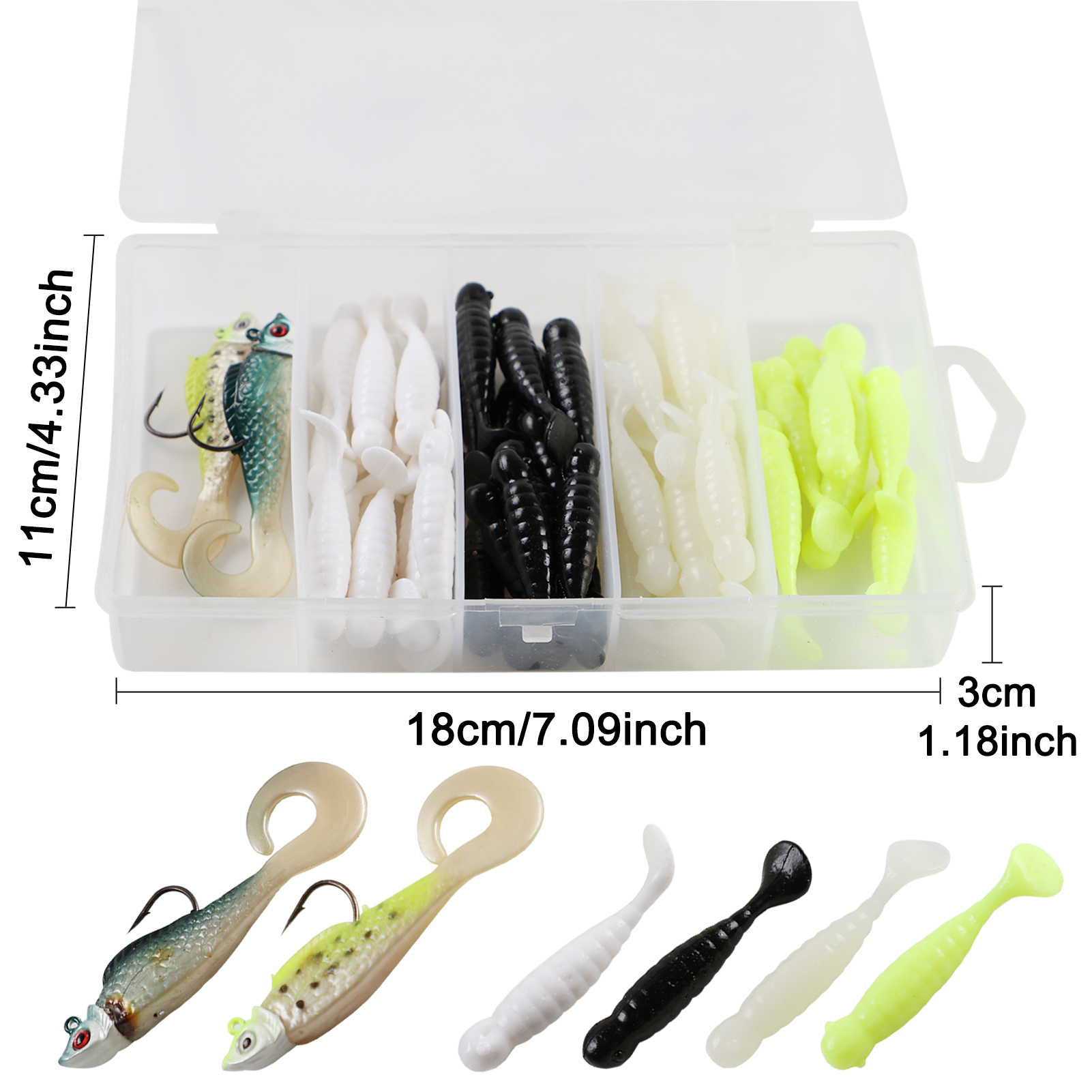 FREE FISHER Fishing Soft Lures Set 60pcs Baits with Plastic 5-Grid Clear Box Wobbler Swimbait Artificial T-tail Bionic Baits for Carp/Bass Fishing