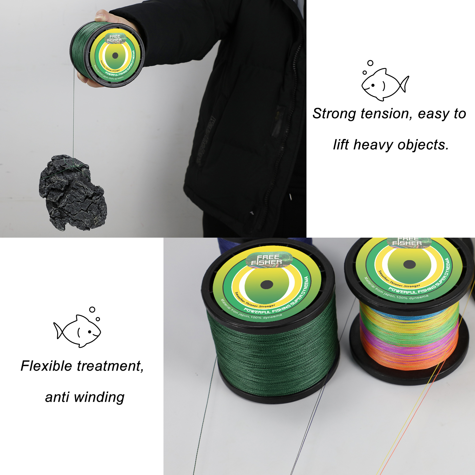 FREE FISHER 1000M PE Braided Fishing Line 8 Strands Multifilament Rope Wire 120LB 135LB 150LB Green Grey Multicolor for Sea Fishing