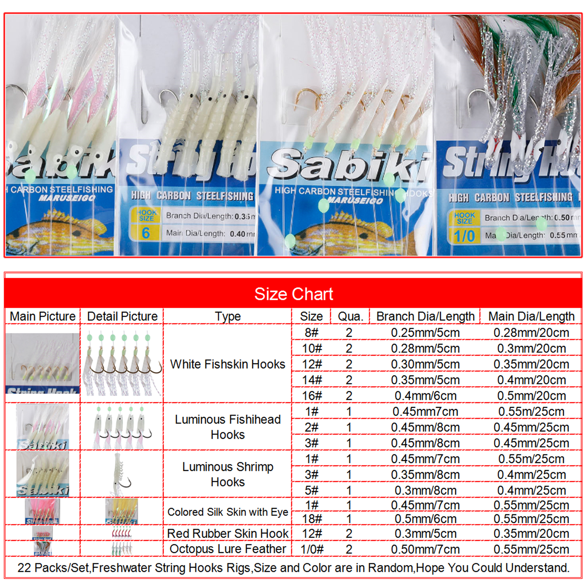 FREE FISHER Assorted 22Pcs/Pack Freshwater Fishing Lumious Fishing Bait Rigs Fish Skin/Feather Hooks String Hooks Nylon Line Swivels Beads