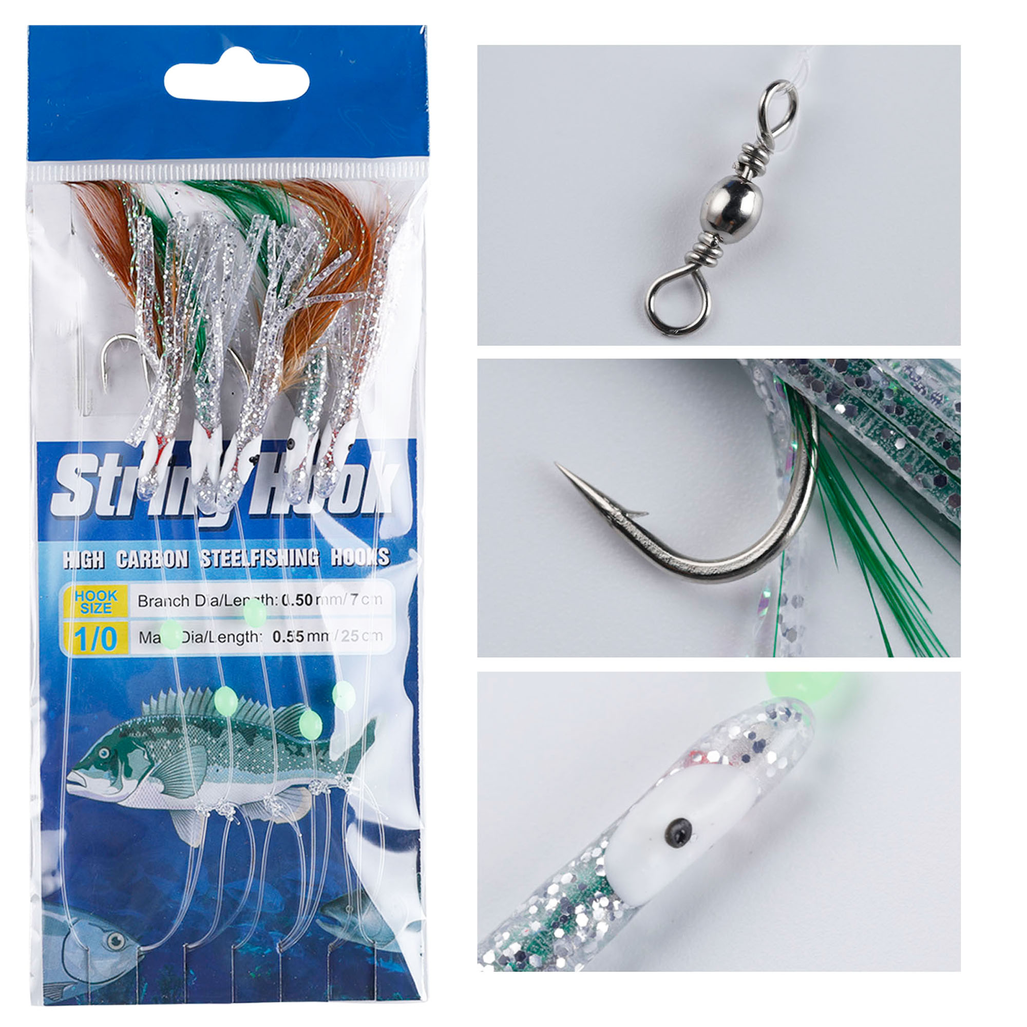 FREE FISHER 4pcs/pack Fishing Rigs String Hooks Baits Octopus Feather Lure Jig Glow Lures Nylon Line Swivels Snap Artificial Bait 1/0# Fishhook