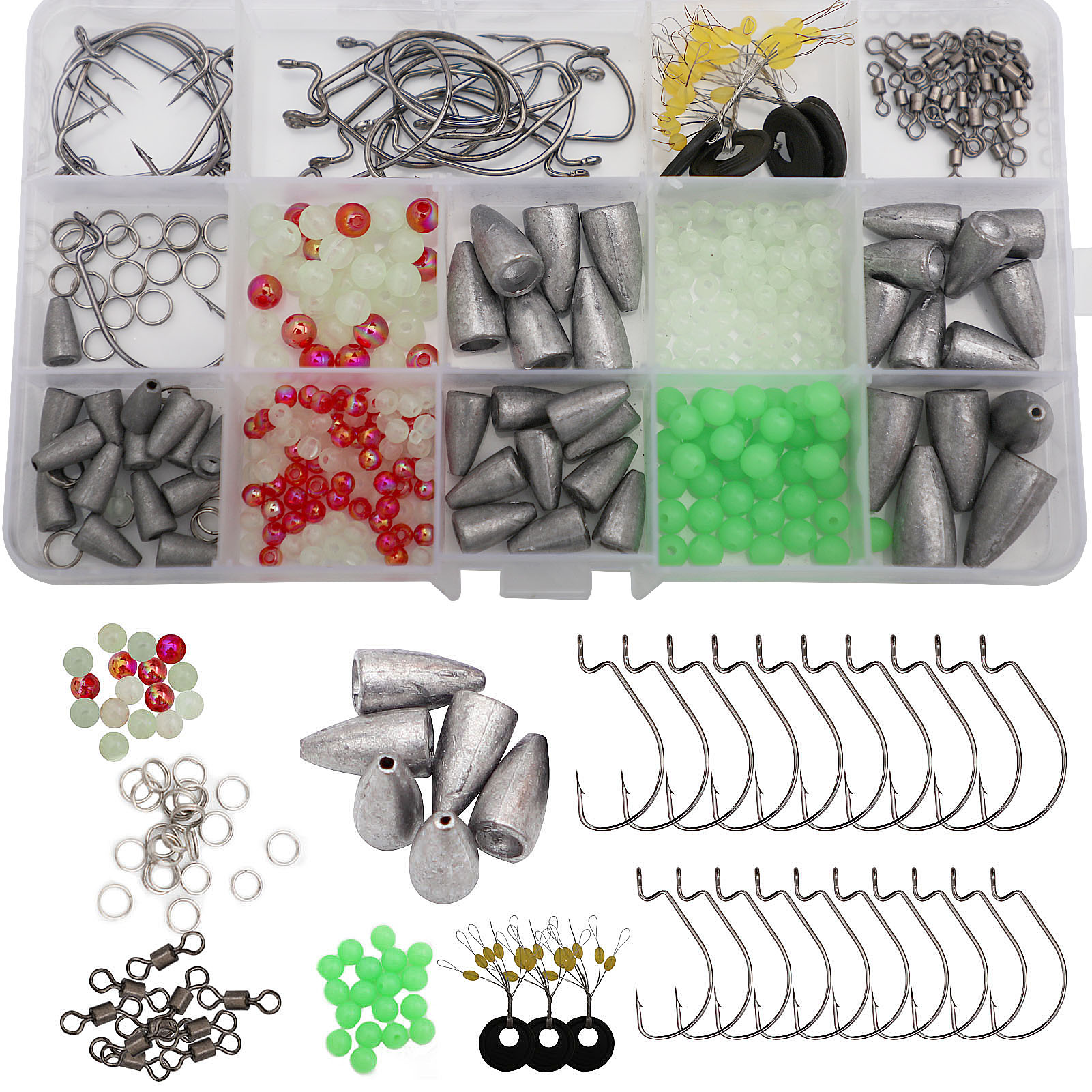 FREE FISHER 185/145pcs Fishing Weights Set Bullet Lead Sinkers Rotating Swivels Crank Hooks Luminous Beads with Clear Box for Bass/Car