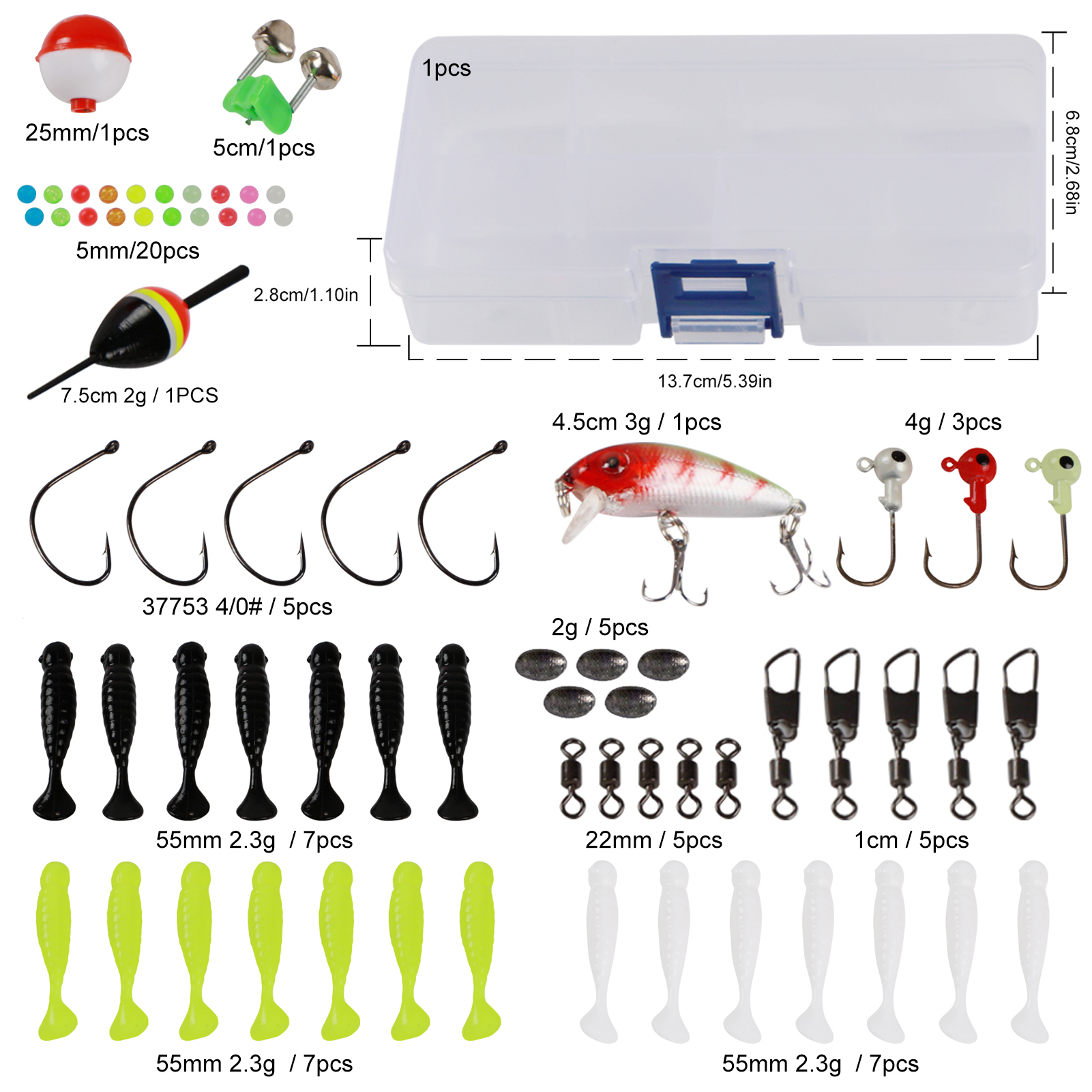 FREE FISHER 69pcs Fishing Lures Set with Box Fish Hooks Floats Swivels Fishing Beads Accessories Lead Jigs Minnow Soft Worms Baits Swimbaits