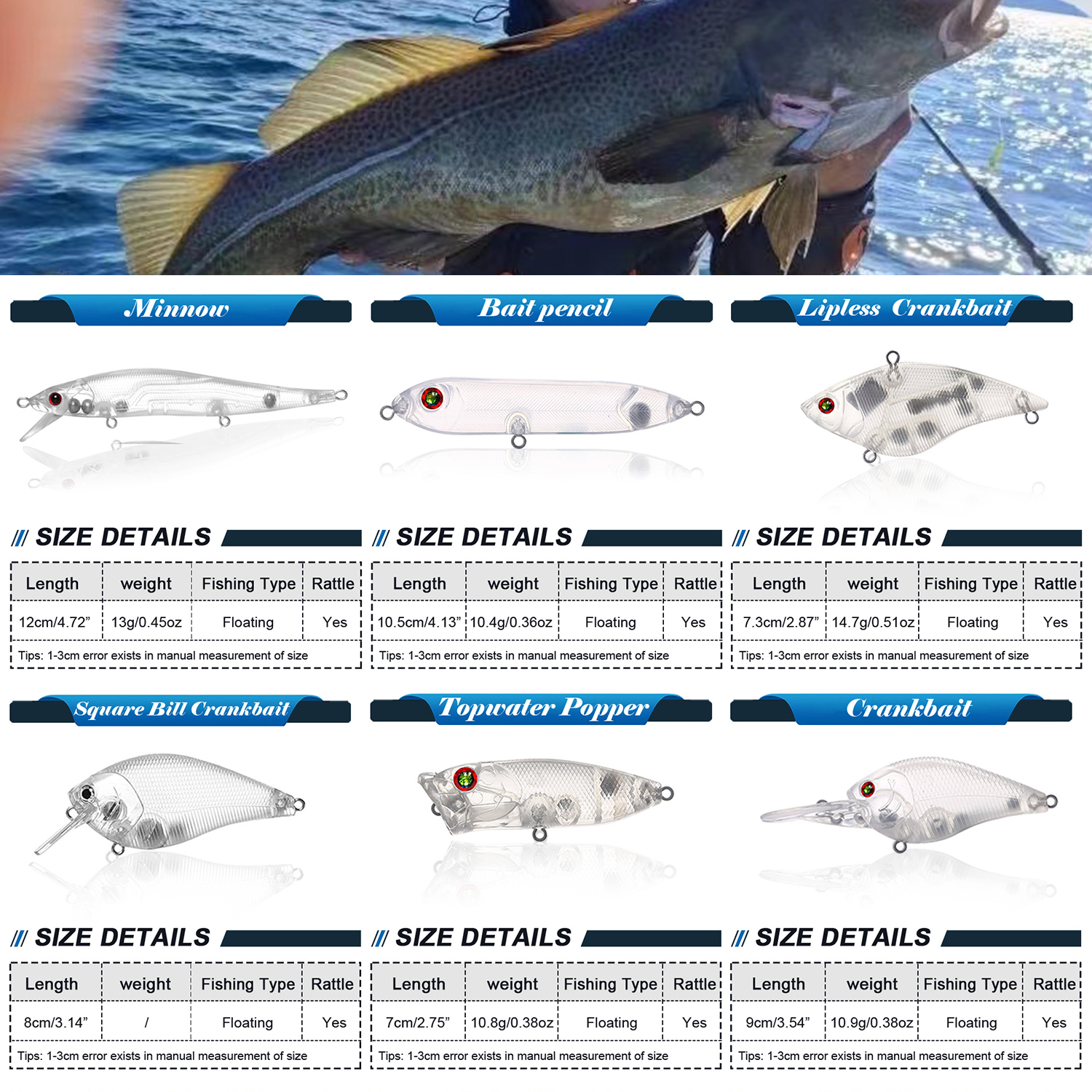 FREE FISHER 30pcs Mixed Unpainted Lures Fishing Blank Baits Set Crankbaits Minnows Pencil Blures VIB Clear Baits Naked Bait Embryo with 3D Eyes