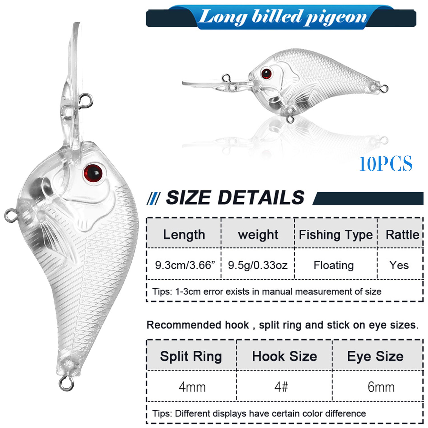 FREE FISHER Fishing Blank Lures Set 10pcs/Lot Unpainted Baits Minnows Crankbaits Pencil Lures Clear Naked Bait Embryo with Ring Eyes