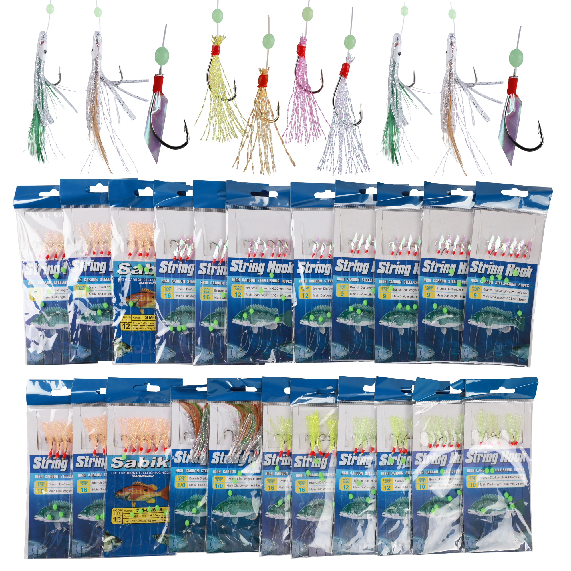FREE FISHER Fishing Set 22 Pieces Nylon Line Rigs Fish Skin String Hooks with Beads Swivel Feather Hooks Luminous Shrimp Lures/Baits