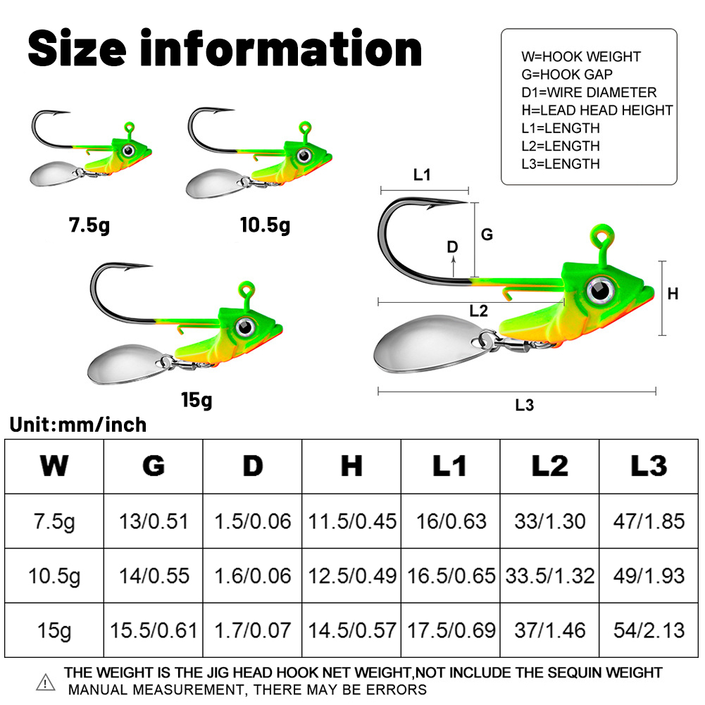 FREE FISHER 10pcs Fishing Lead Head Hooks Set 7.5g 10.5g 15g Spinnerbaits Fishhooks with Metal Sequins Lead Jigs for Saltwater/Freshwater
