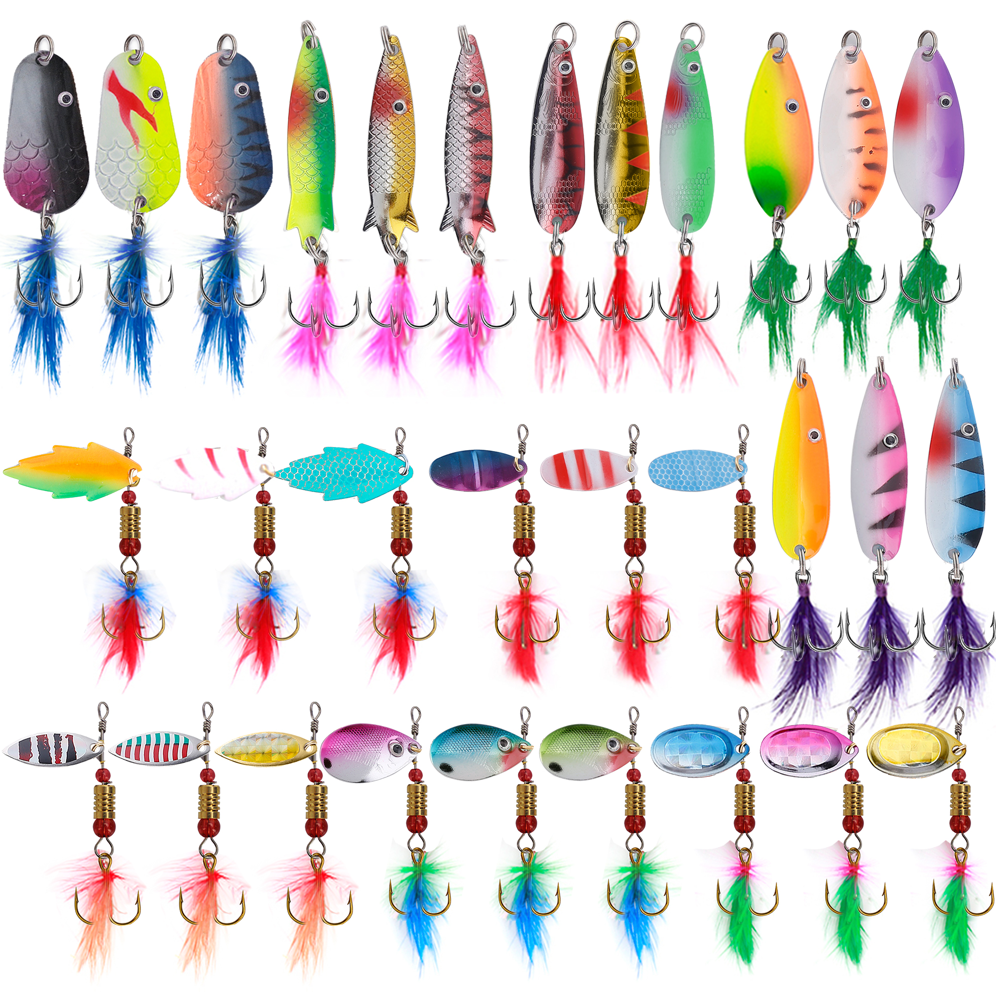 FREE FISHER 30pcs Metal Spoon Lures Fishing Spinnerbaits Kit Rotation Sequins Swimbait wuth Feather Hooks for Trout Pike Salmon Bass