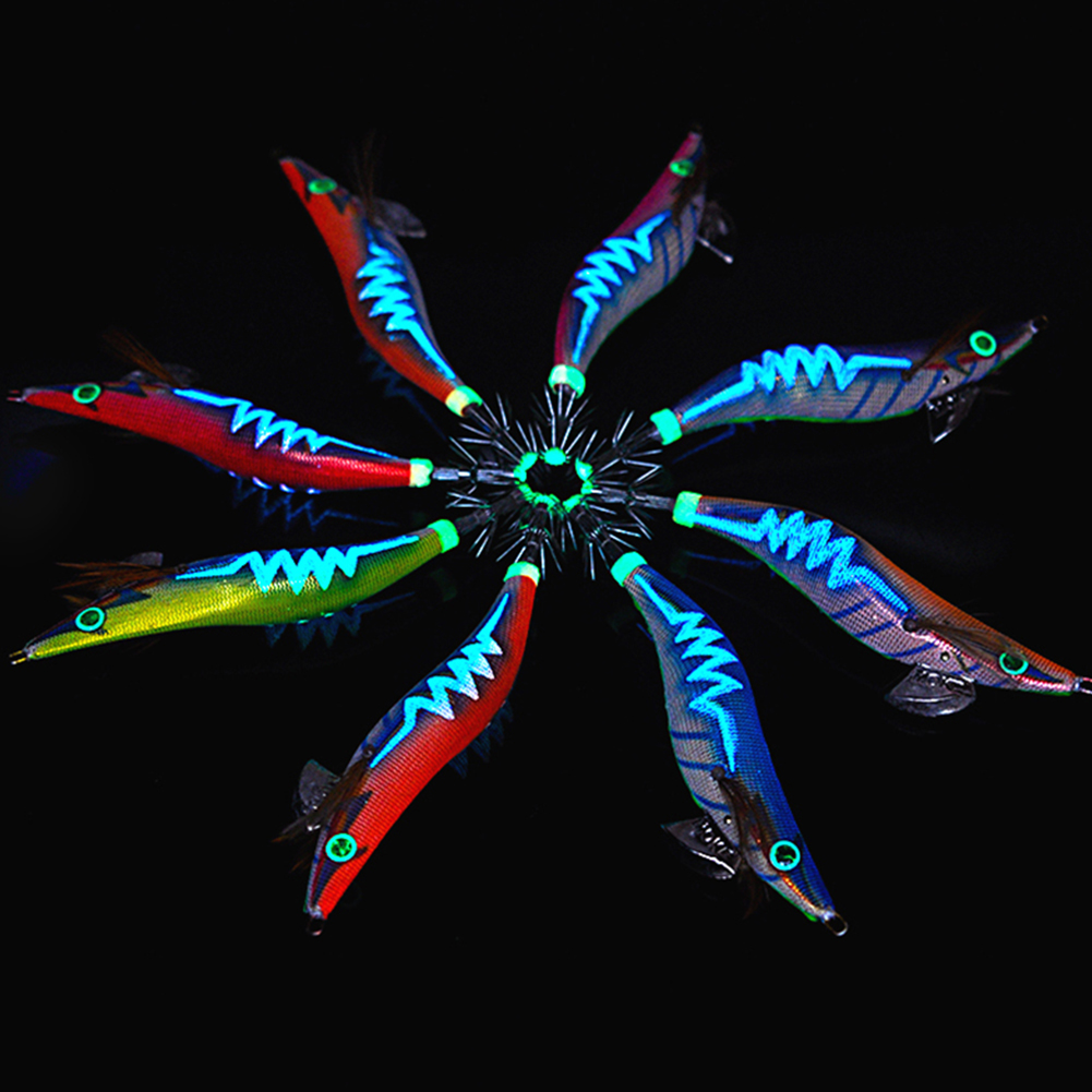 FREE FISHER Fishing Luminous Squid Wood Shrimp Lures Octopus Squids Cuttlefish Jigs Lures Spinnerbait Wood Shrimp Jig Hooks for Sea Fishing