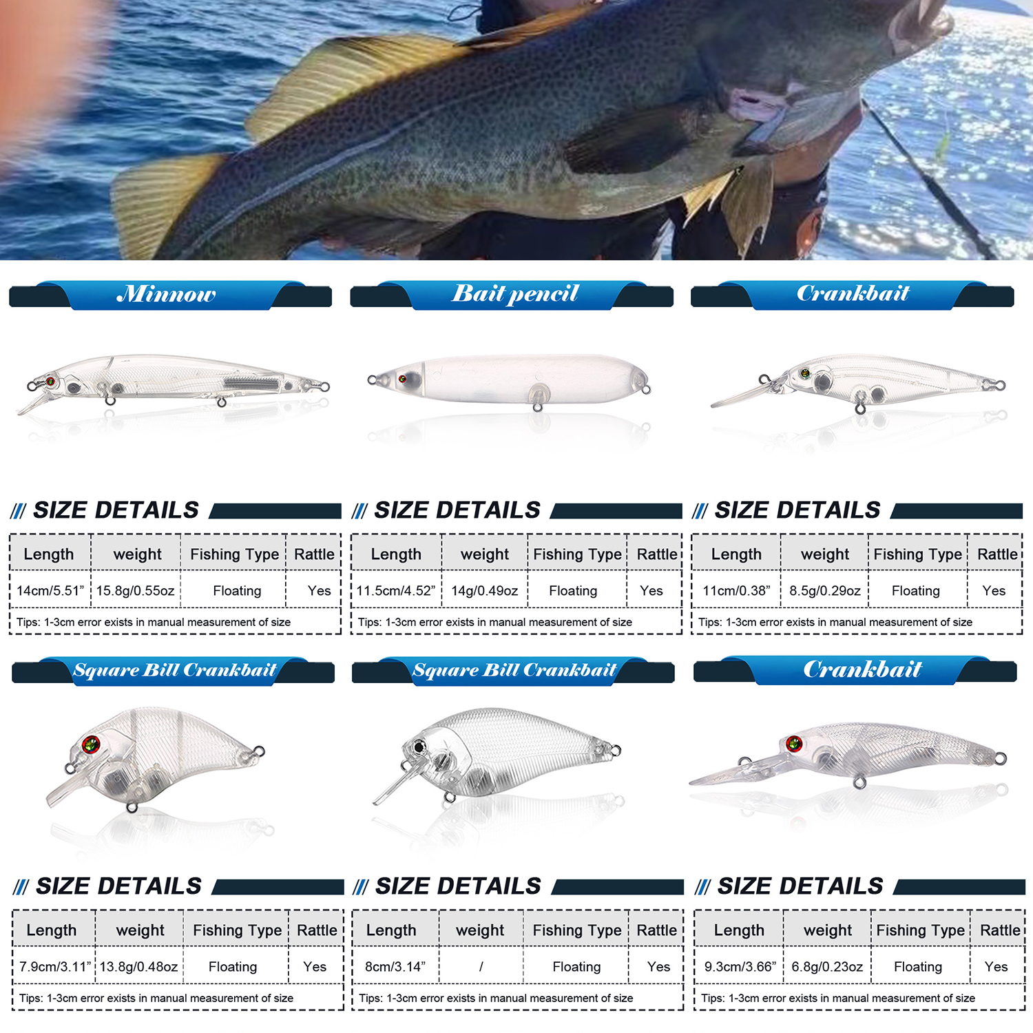 FREE FISHER 30pcs Mixed Unpainted Lures Fishing Blank Baits Set Crankbaits Minnows Pencil Blures VIB Clear Baits Naked Bait Embryo with 3D Eyes