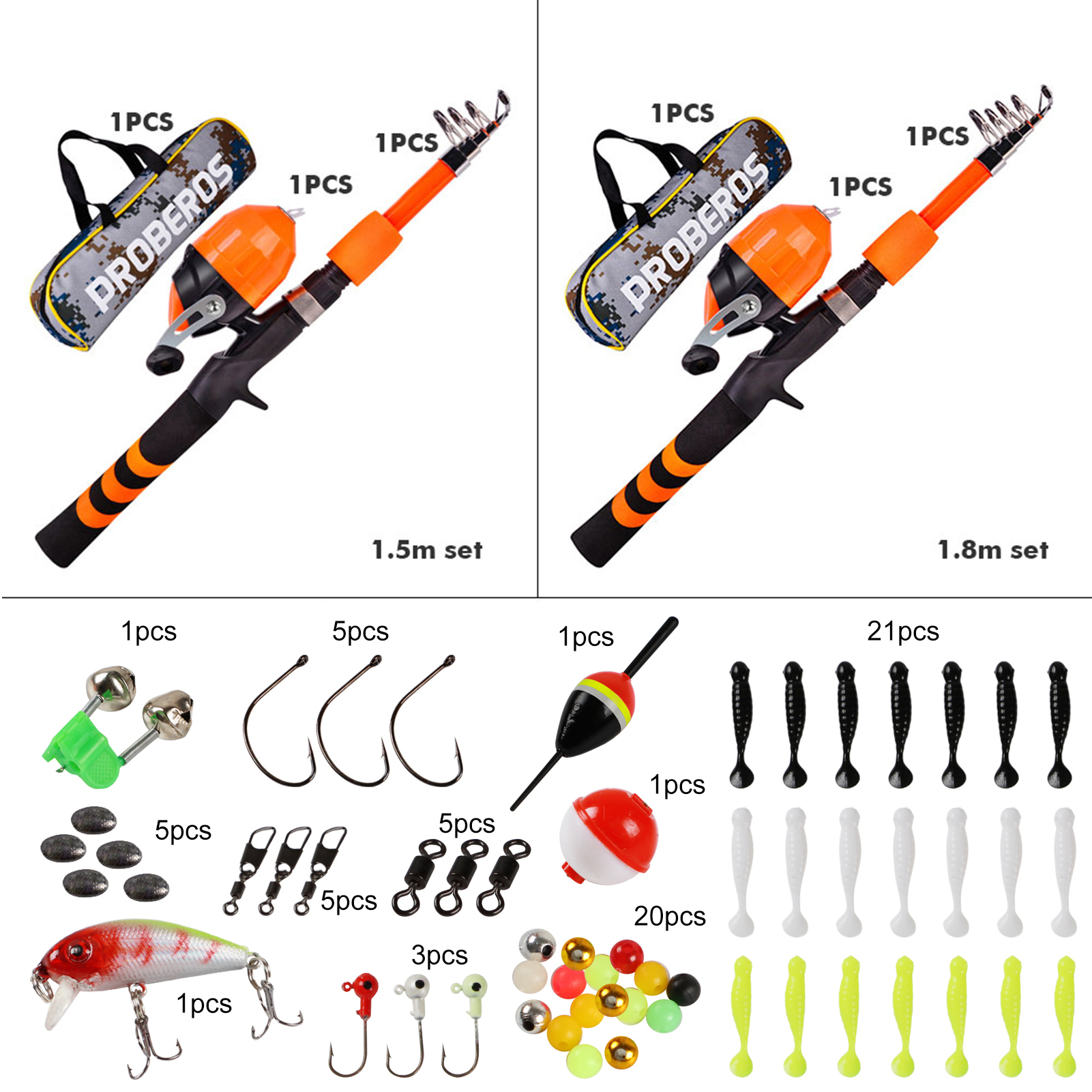 FREE FISHER Fishing Rod Combo Drum Reel Soft Lures Telescopic Fish Pole Hooks Floats Swivels Lead Sinkers Fishing Tackles Set Bag for Kids