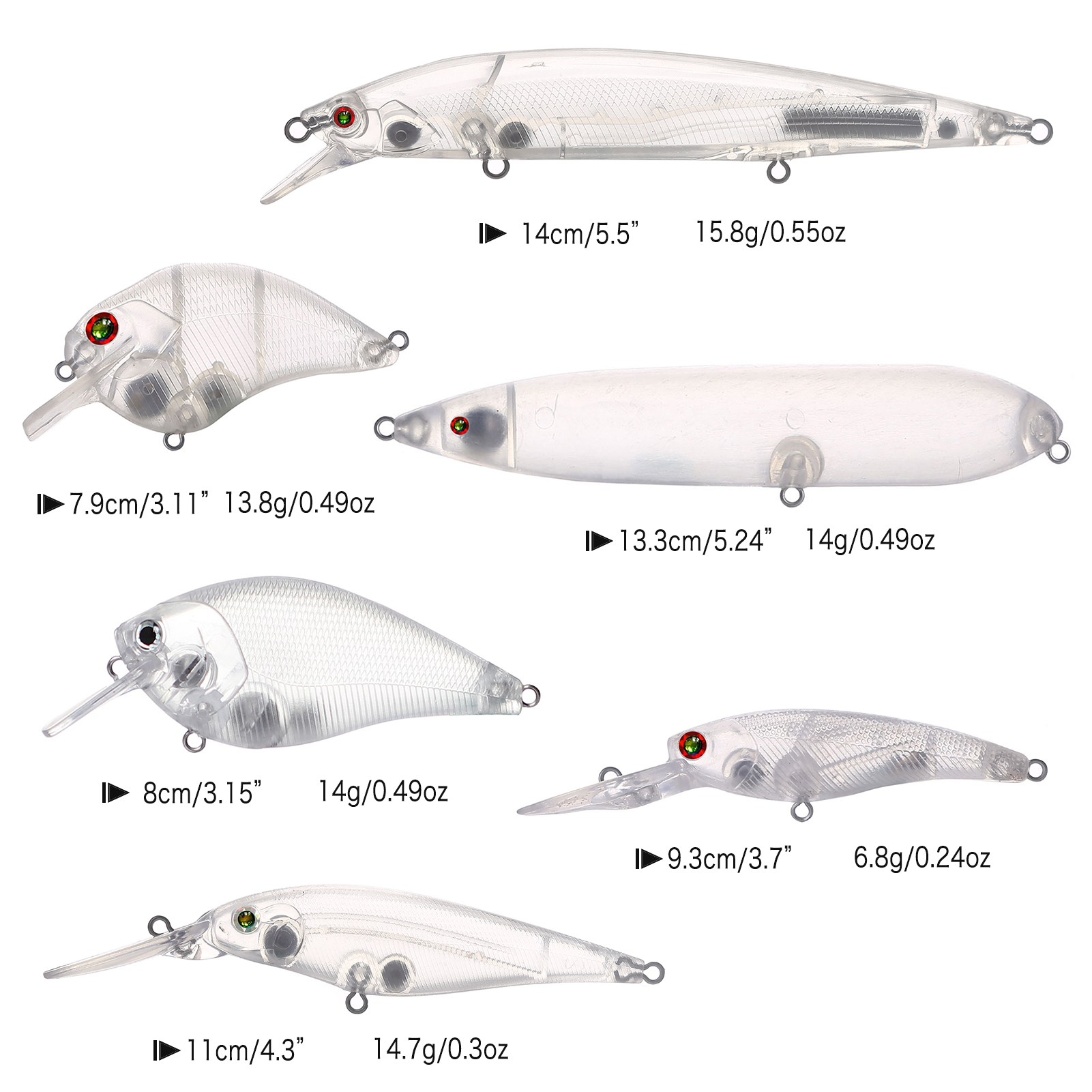 FREE FISHER 30pcs Mixed Unpainted Lures Fishing Blank Baits Set Crankbaits Minnows Pencil Blures VIB Clear Baits Naked Bait Embryo with 3D Eyes