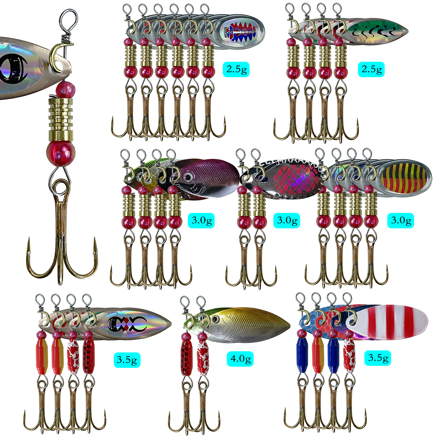 FREE FISHER 30pcs/Box Spinnerbaits 2.5-4g Metal Fishing Spoons Lures Assorted Bass Trout Mixed Spinner Baits Set for Freshwater Saltwater