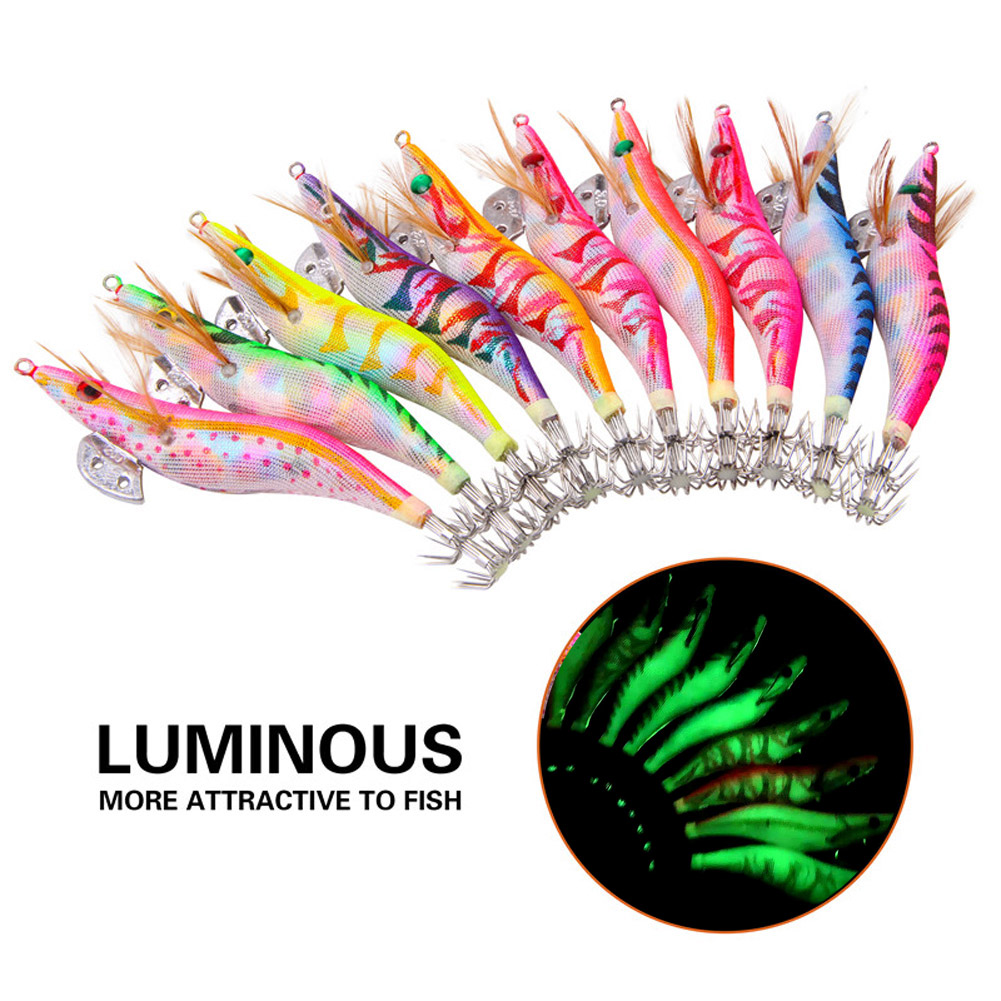 FREE FISHER Fishing Luminous Squid Wood Shrimp Lures Octopus Squids Cuttlefish Jigs Lures Spinnerbait Wood Shrimp Jig Hooks for Sea Fishing