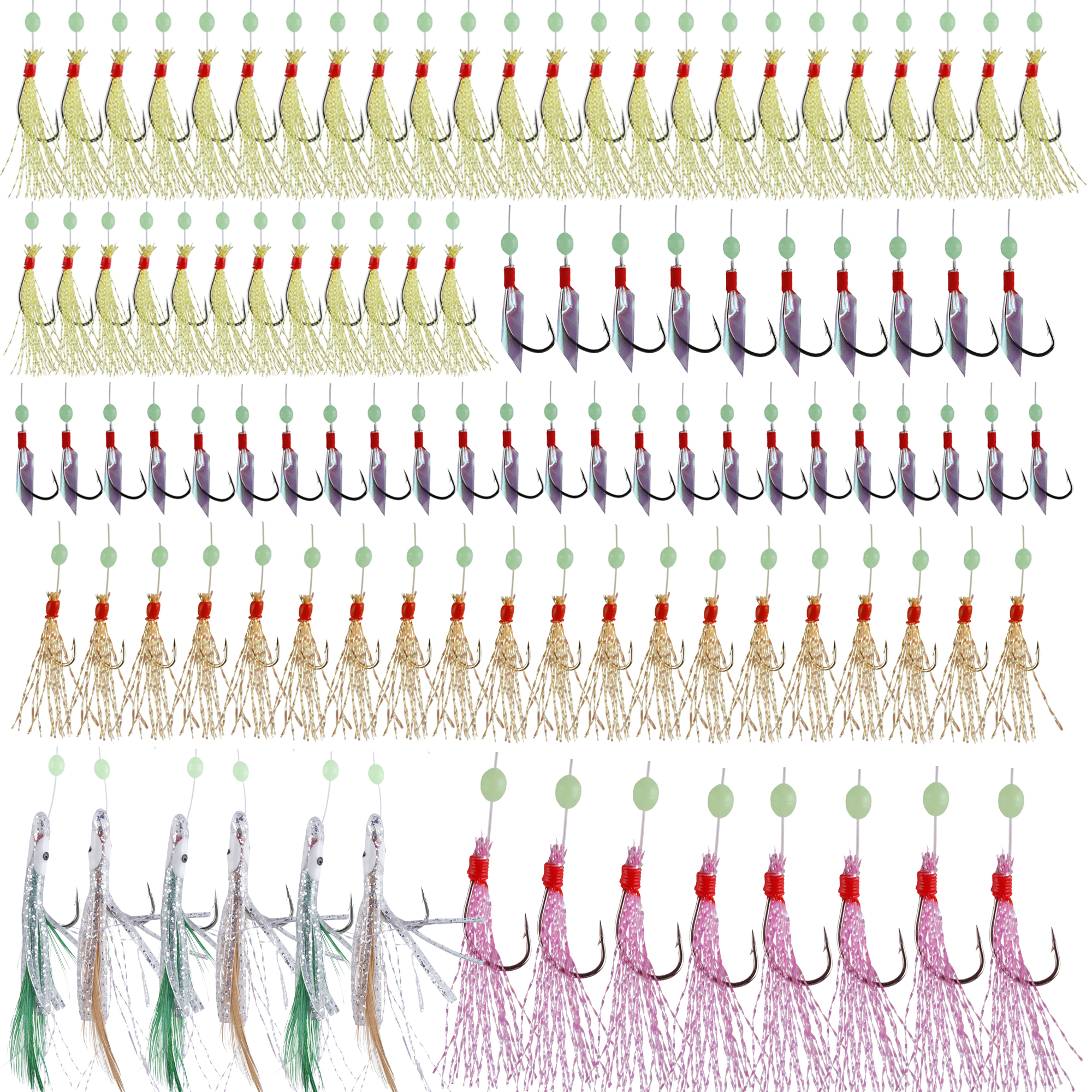 FREE FISHER Fishing Set 22 Pieces Nylon Line Rigs Fish Skin String Hooks with Beads Swivel Feather Hooks Luminous Shrimp Lures/Baits