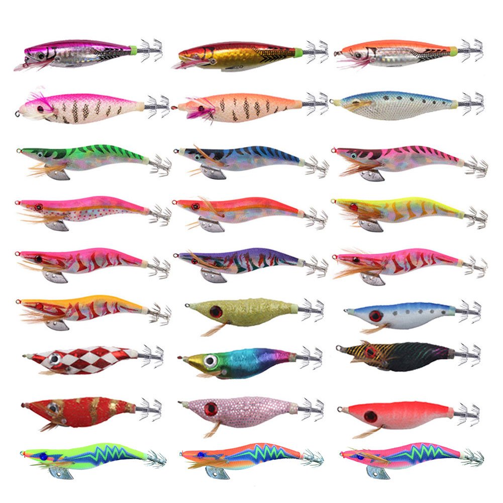 FREE FISHER Fishing Luminous Squid Wood Shrimp Lures Octopus Squids Cuttlefish Jigs Lures Spinnerbait Wood Shrimp Jig Hooks for Sea Fishing