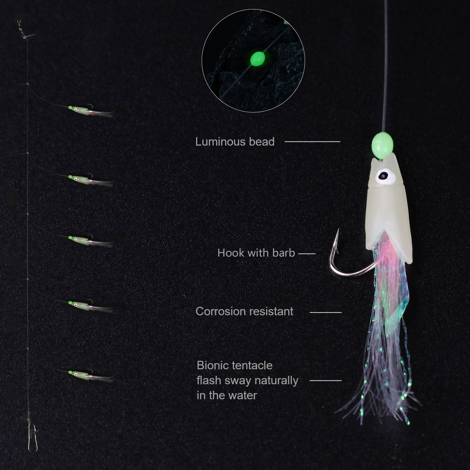 FREE FISHER Wholesale 30pcs/Pack Luminous Fishing String Hooks Set 4#-1/0# Shrimp Lures Soft Baits Nylon Line Swivel Colorful Wire Fish Rigs