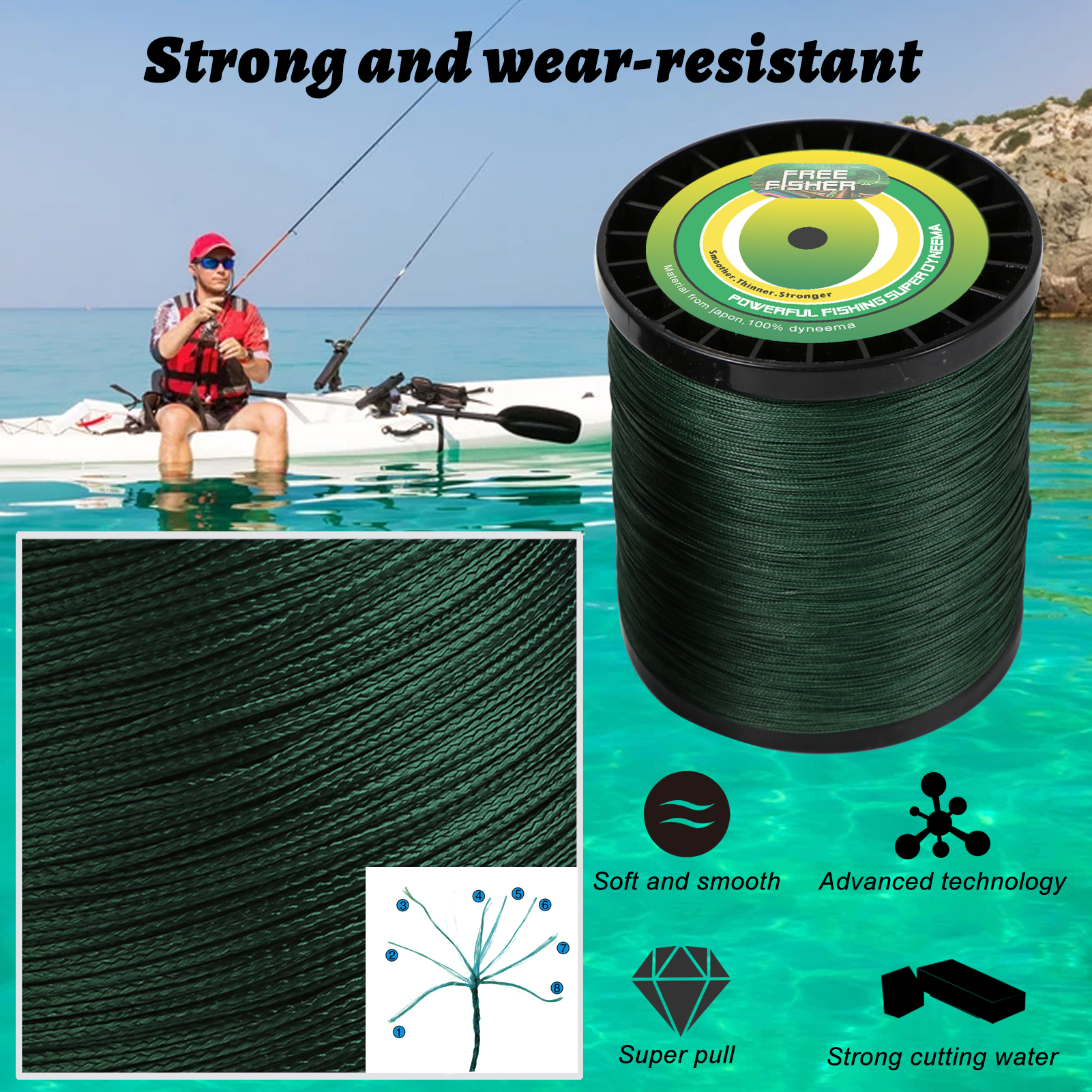 FREE FISHER 1000M PE Braided Fishing Line 8 Strands Multifilament Rope Wire 120LB 135LB 150LB Green Grey Multicolor for Sea Fishing