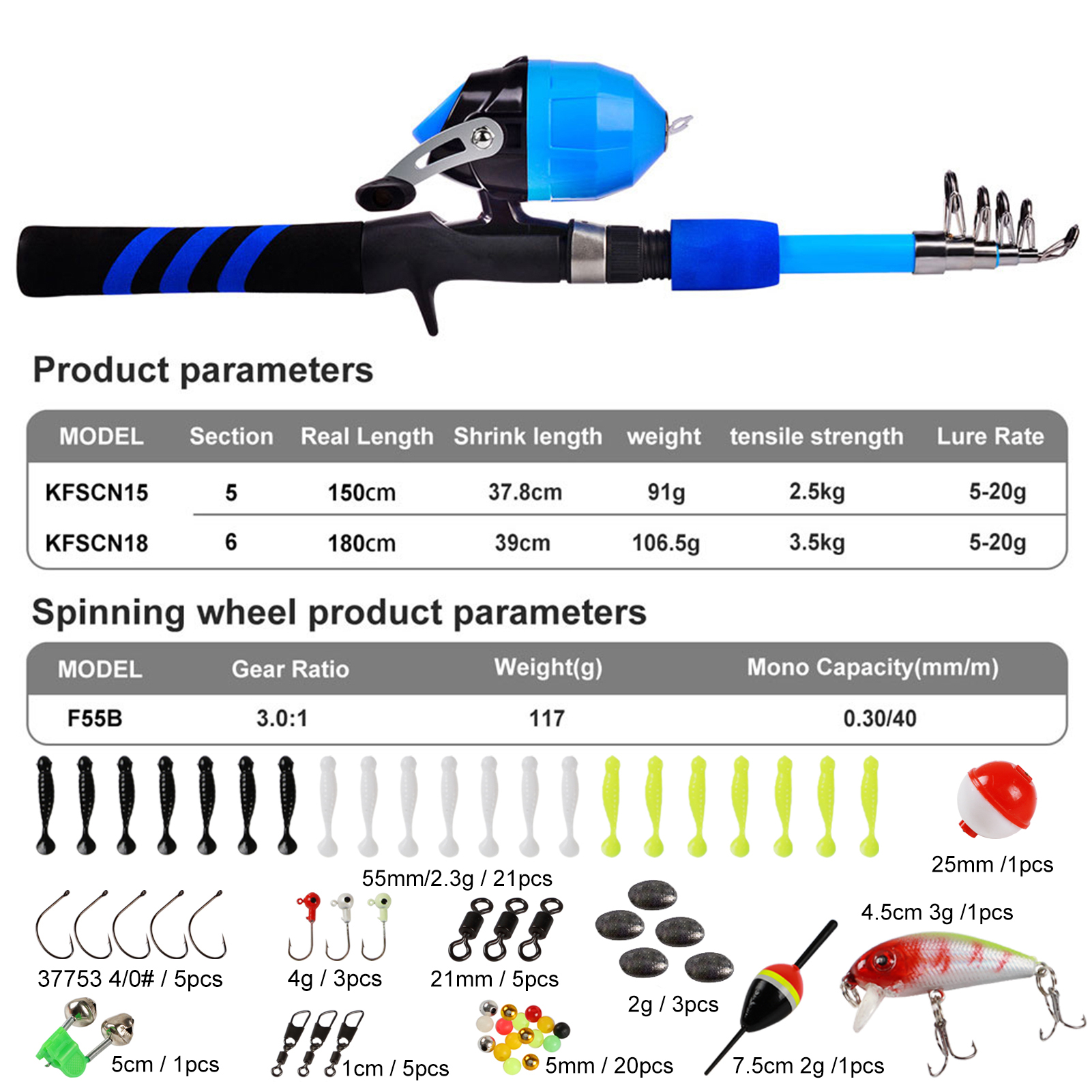 FREE FISHER Fishing Rod Combo Drum Reel Soft Lures Telescopic Fish Pole Hooks Floats Swivels Lead Sinkers Fishing Tackles Set Bag for Kids