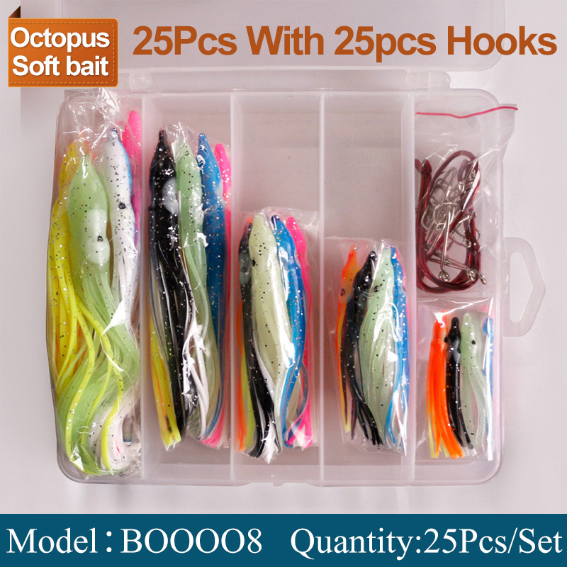 FREE FISHER 25 pcs/set Fishing Lures Soft Octopus Squid Lures 9cm 12cm 15cm with 20pcs Silver Octopus Hooks 8299 for Freshwater and Saltwater