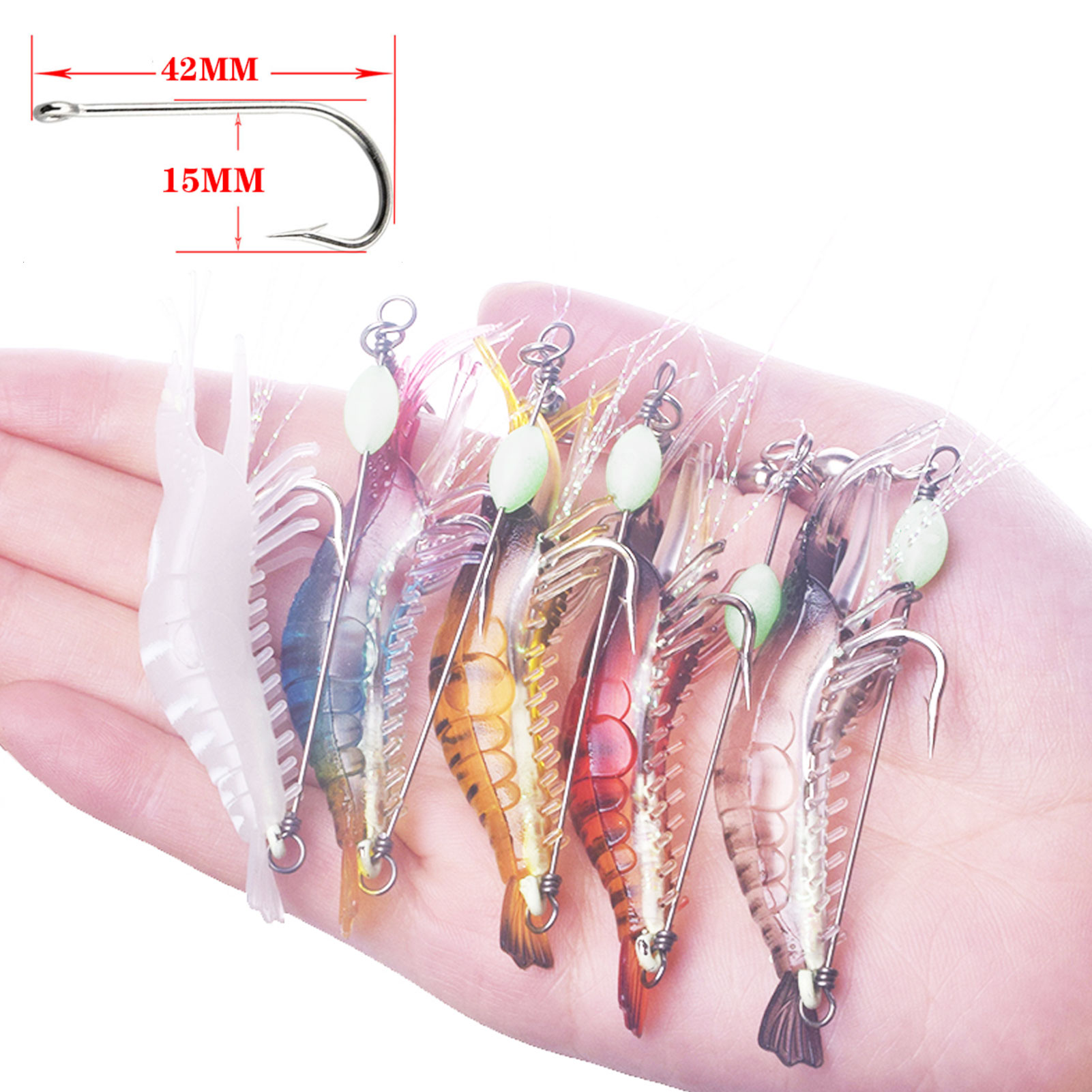 FREE FISHER Fishing Baits 15Pcs Soft Shrimp Lures 9cm 5.5g Luminous Artificial Baits Silicone with Single Hook Swivel Bead Anzois Rigs