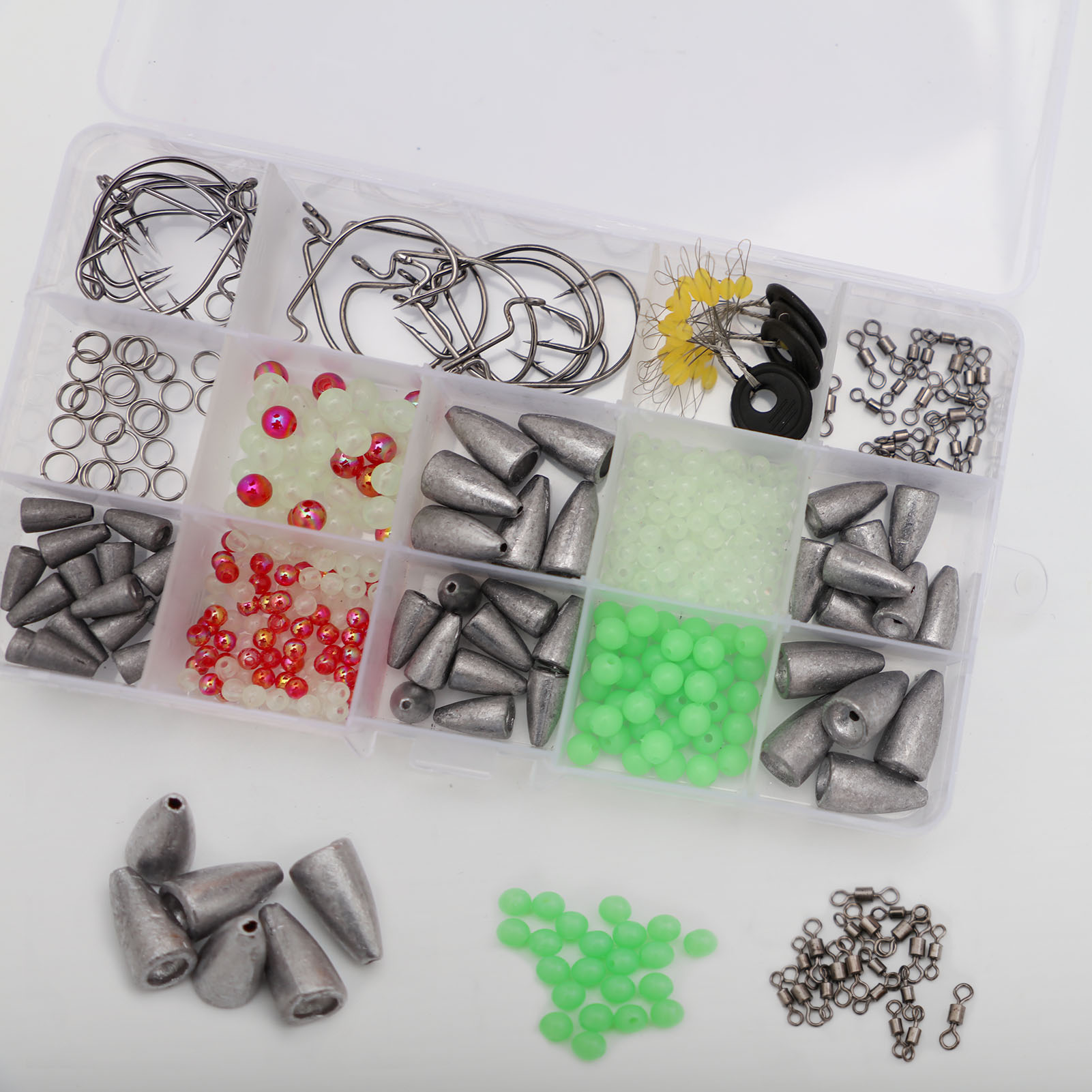 FREE FISHER 185/145pcs Fishing Weights Set Bullet Lead Sinkers Rotating Swivels Crank Hooks Luminous Beads with Clear Box for Bass/Car