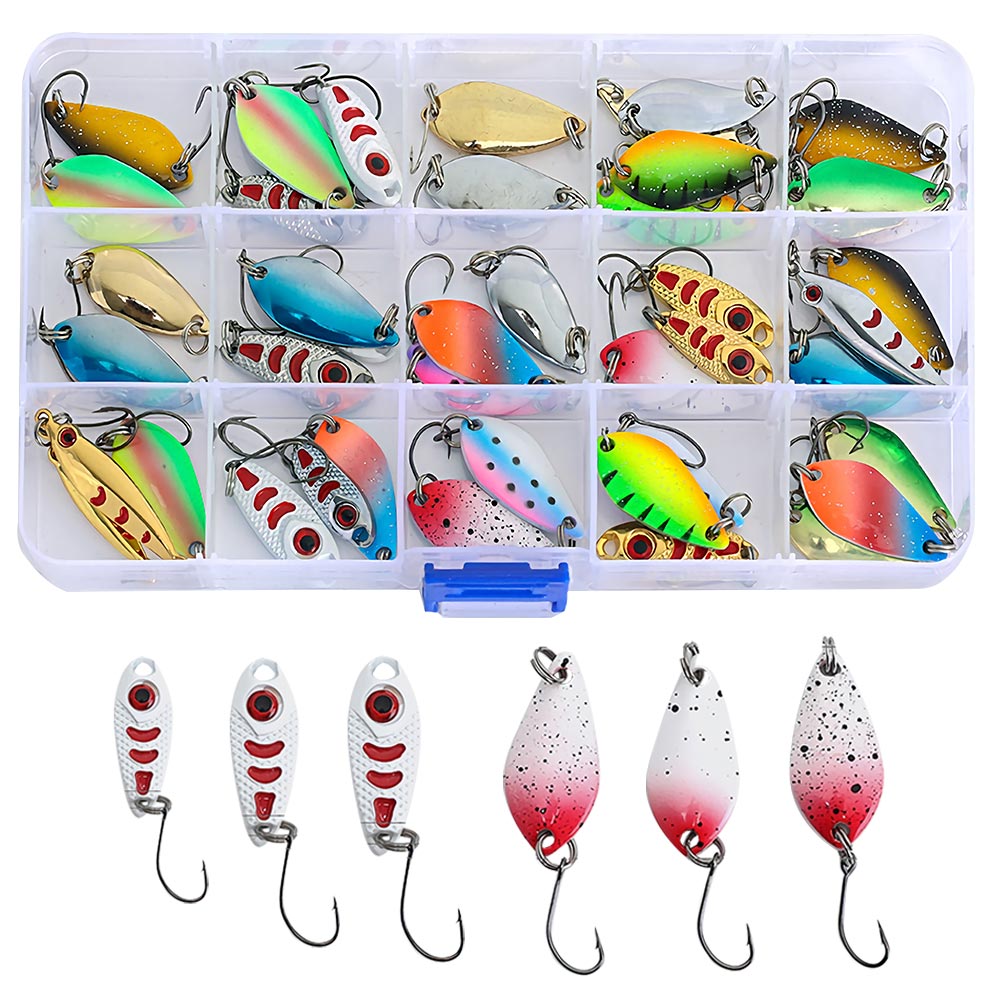 FREE FISHER Fishing Trout Bait Metal Spoon Lures Wobbler Casting Jigging Artificial Laser Spinner Baits Set Horsemouth Sequins with Fishing Tackle Box