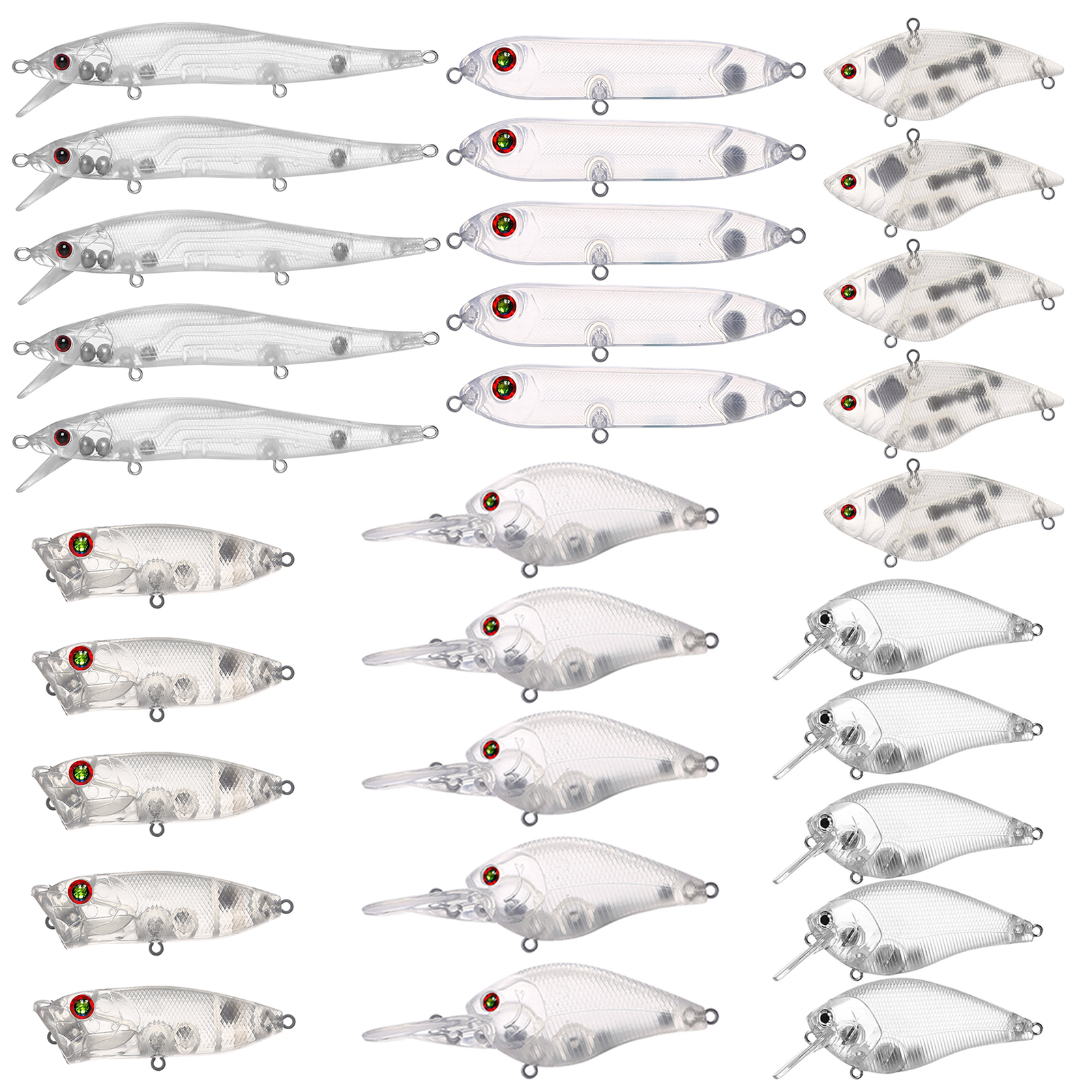 FREE FISHER 30pcs Mixed Unpainted Lures Fishing Blank Baits Set Crankbaits Minnows Pencil Blures VIB Clear Baits Naked Bait Embryo with 3D Eyes