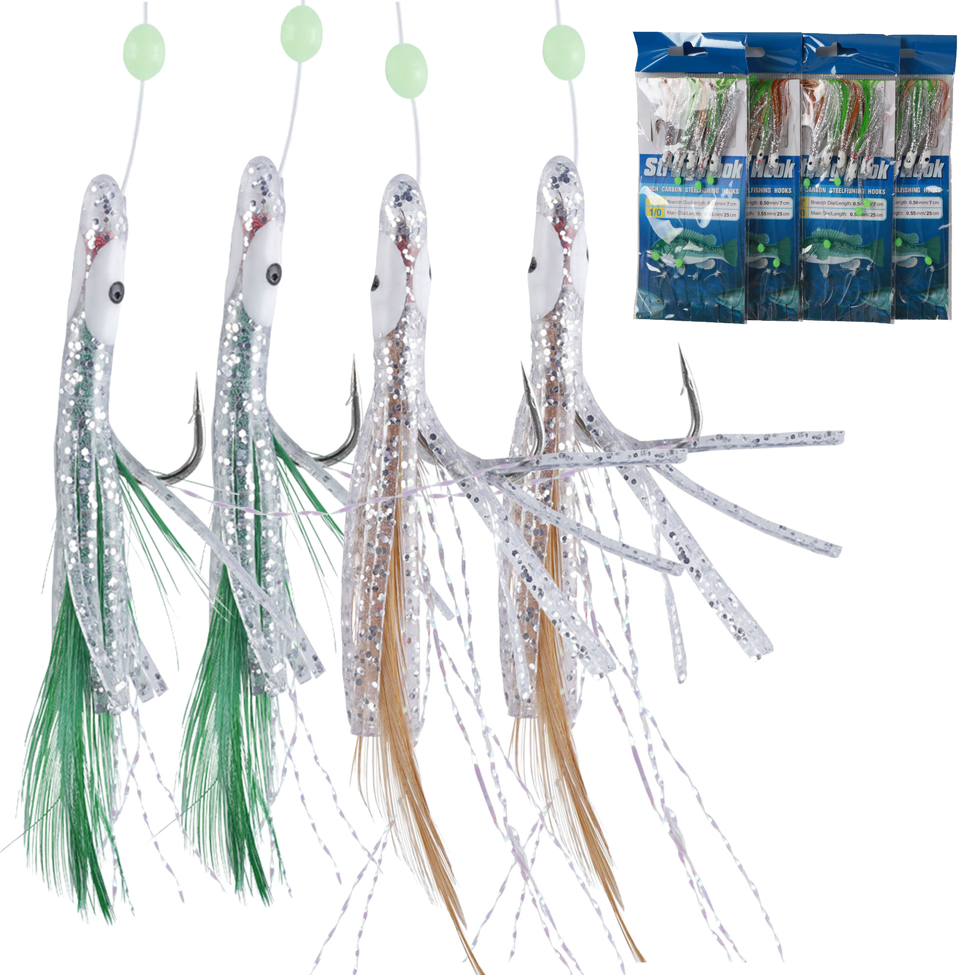 FREE FISHER 4pcs/pack Fishing Rigs String Hooks Baits Octopus Feather Lure Jig Glow Lures Nylon Line Swivels Snap Artificial Bait 1/0# Fishhook