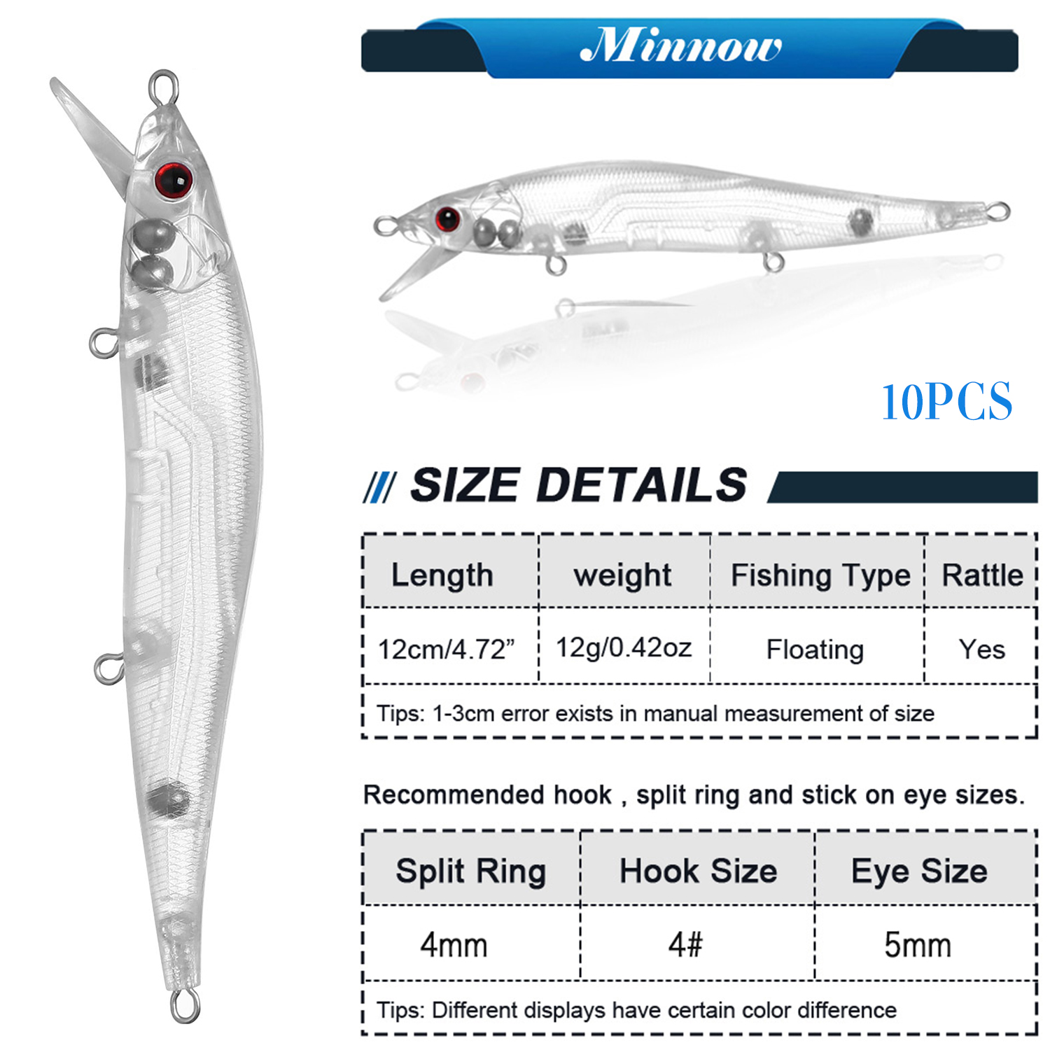 FREE FISHER Fishing Blank Lures Set 10pcs/Lot Unpainted Baits Minnows Crankbaits Pencil Lures Clear Naked Bait Embryo with Ring Eyes